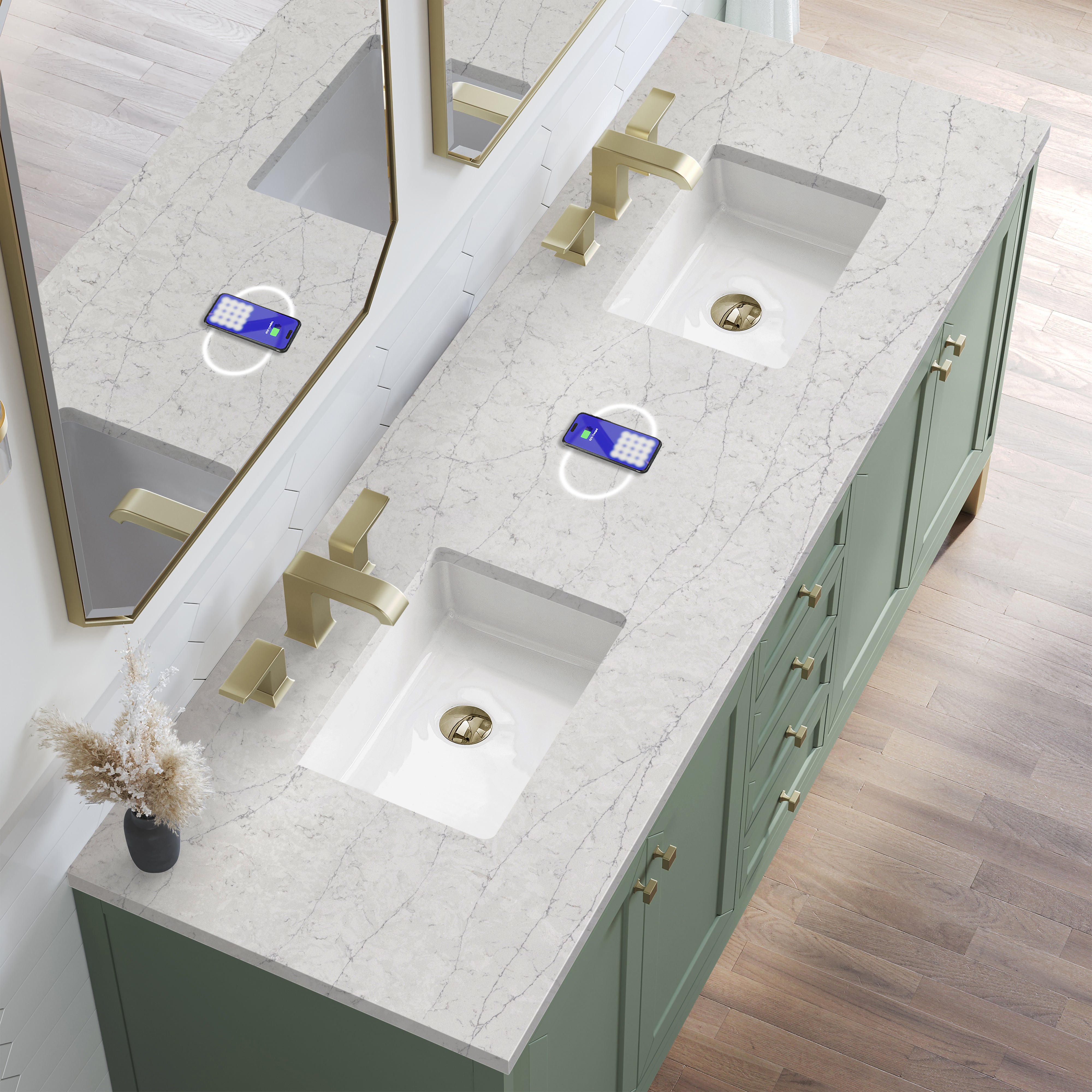 James Martin Chicago 72" Double Vanity in Smokey Celadon with 3cm Countertop and FreePower Wireless Charger