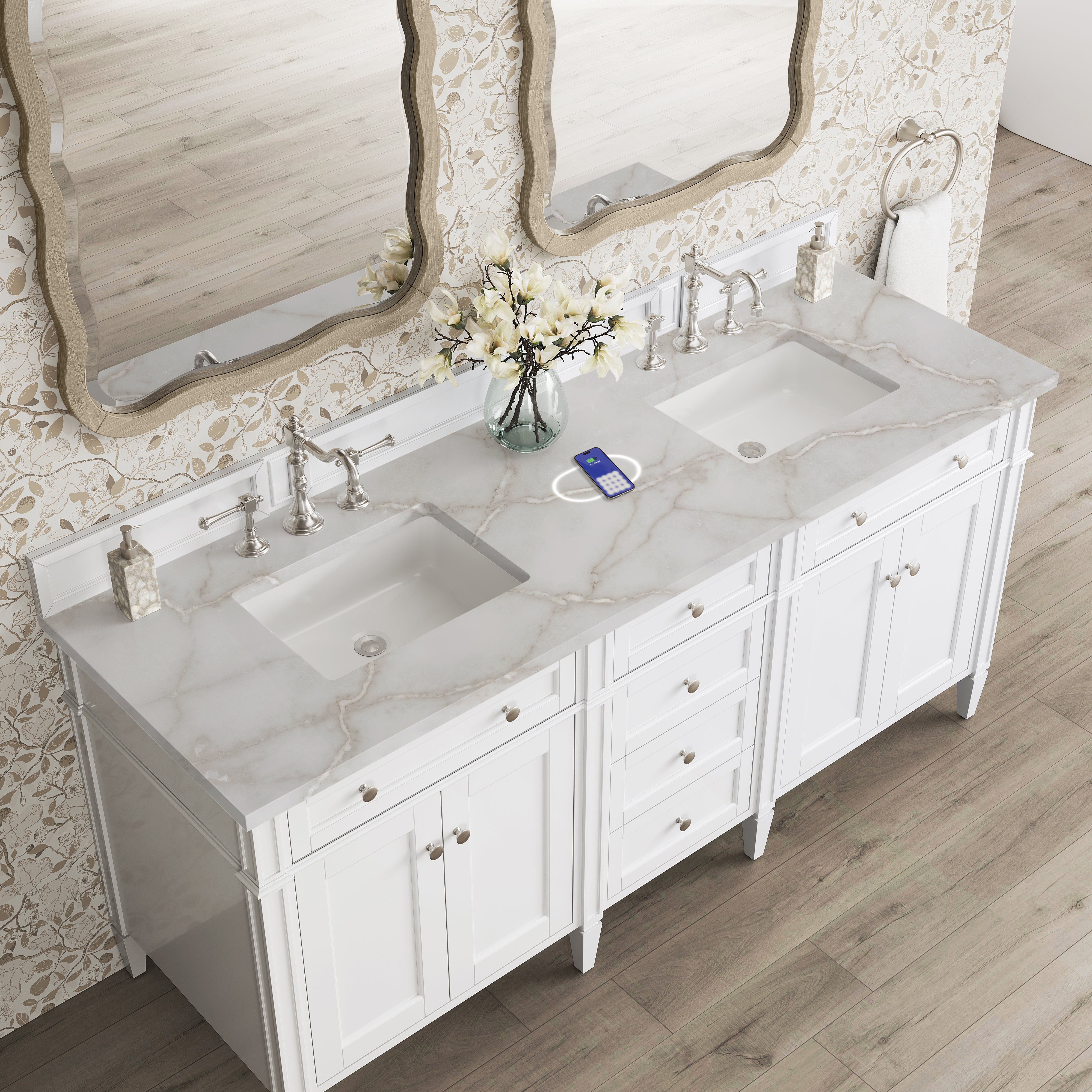 James Martin Brittany 72" Double Vanity in Bright White with 3cm Countertop and FreePower Wireless Charger