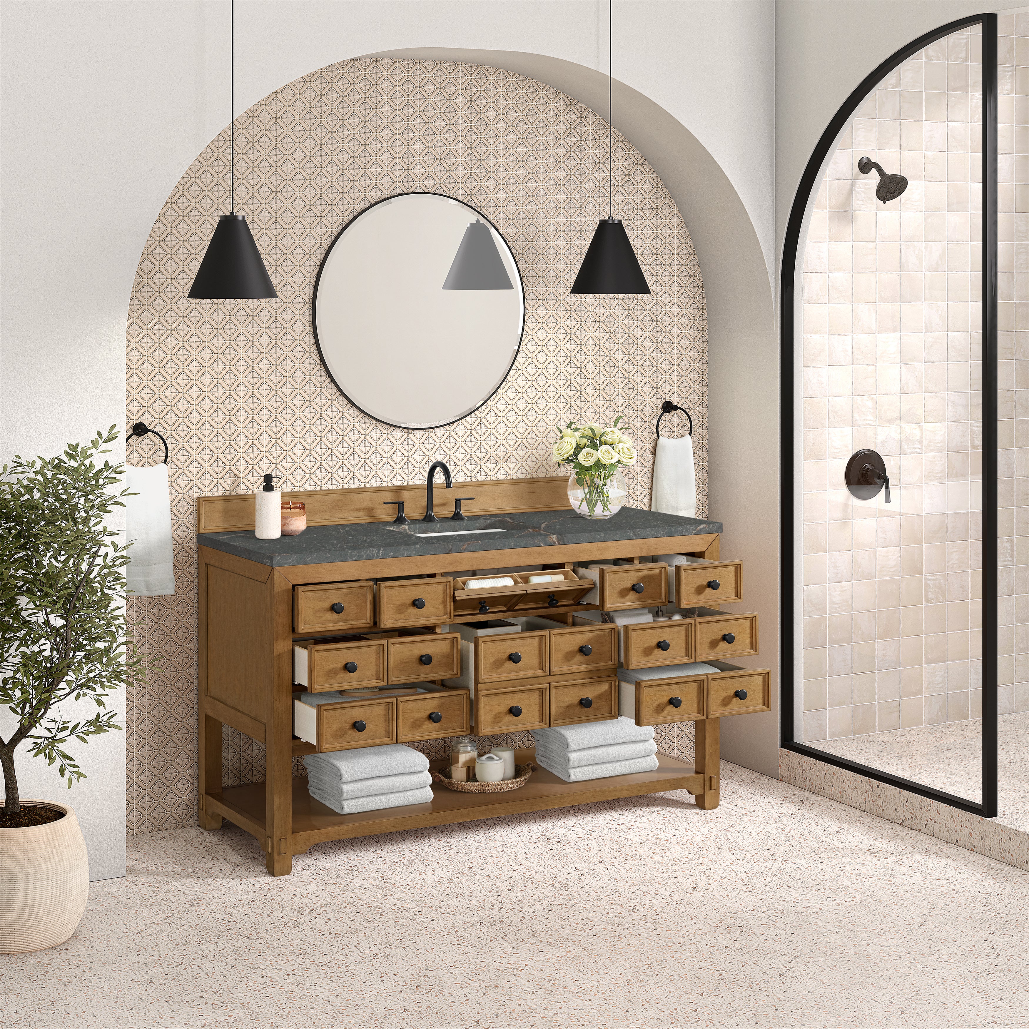 James Martin Malibu 60" Single Vanity in Amber Birch with 3cm Countertop and FreePower Wireless Charger