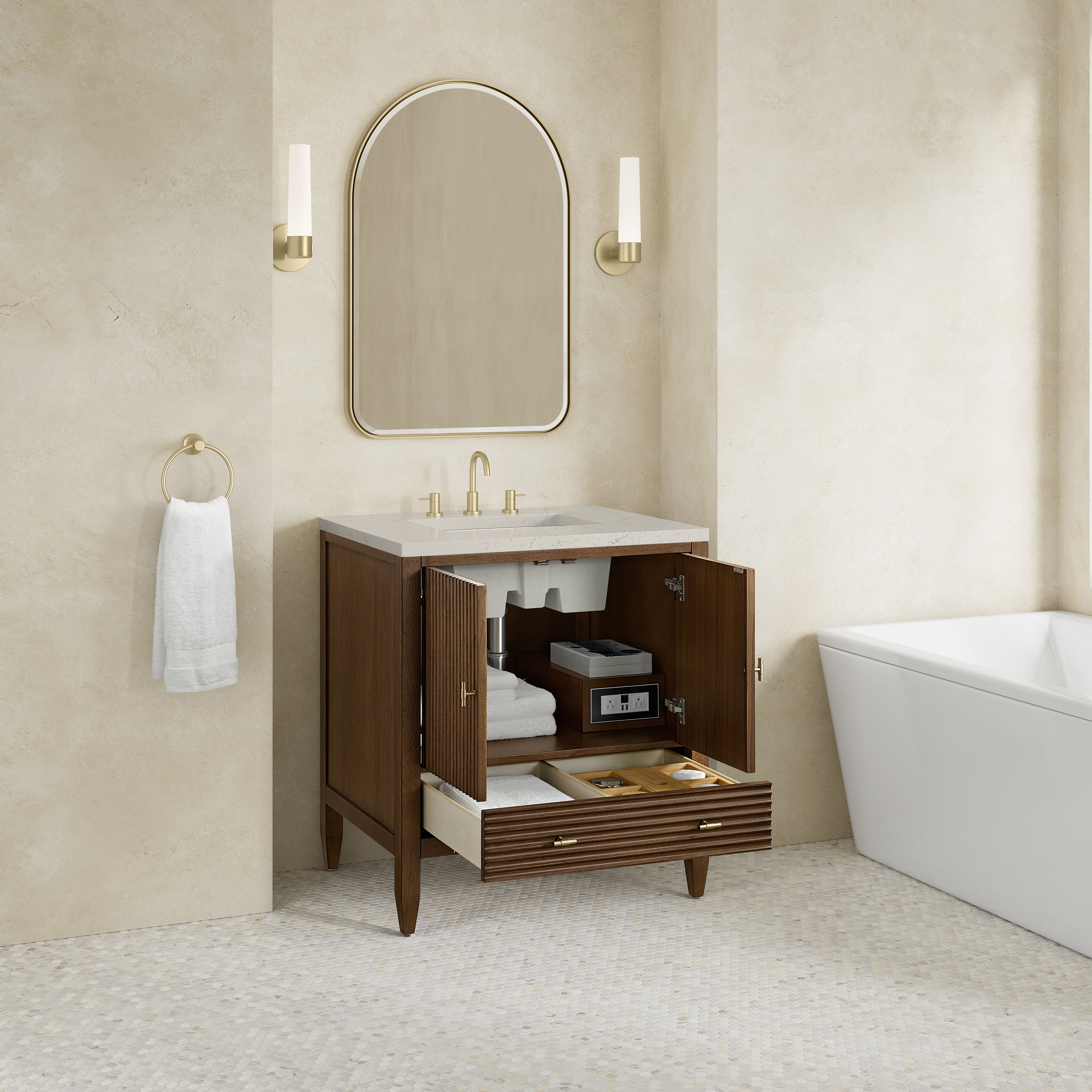 James Martin Myrrin 30" Single Vanity in Mid-Century Walnut with 3cm Countertop
