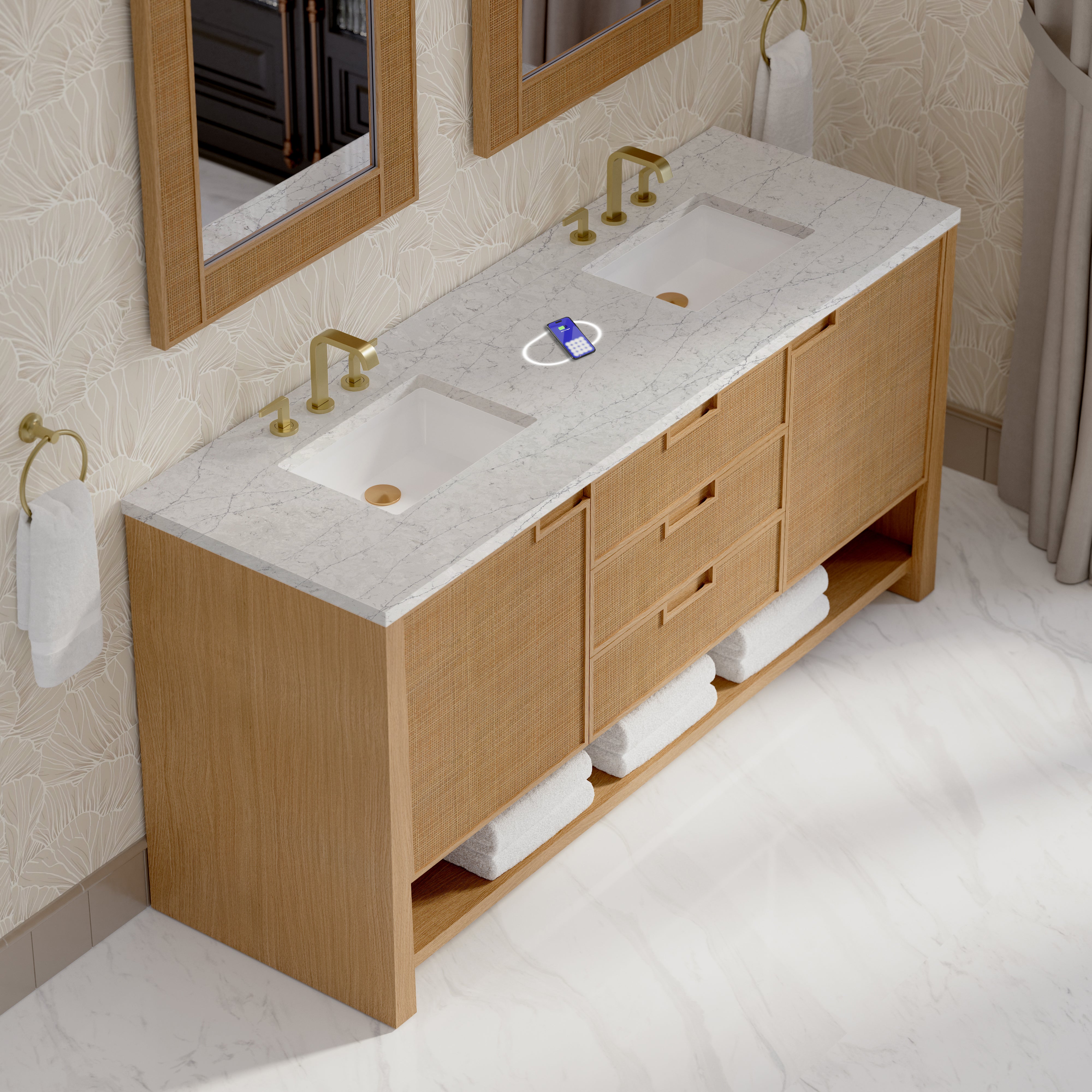 James Martin Solene 72" Double Vanity in Seaside Oak with 3cm Countertop and FreePower Wireless Charger