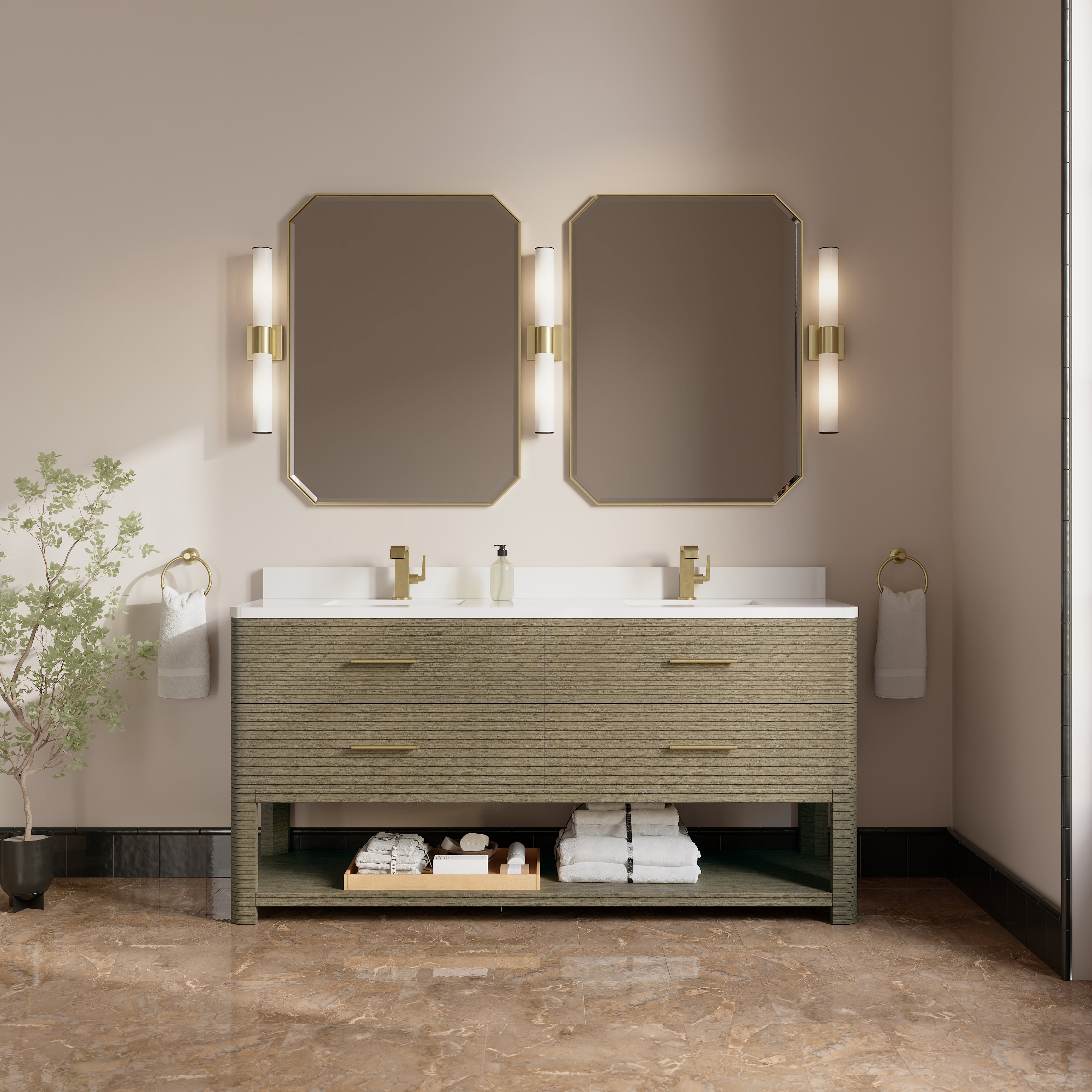 James Martin Lucian 72" Double Vanity in Pebble Oak with 3cm Countertop