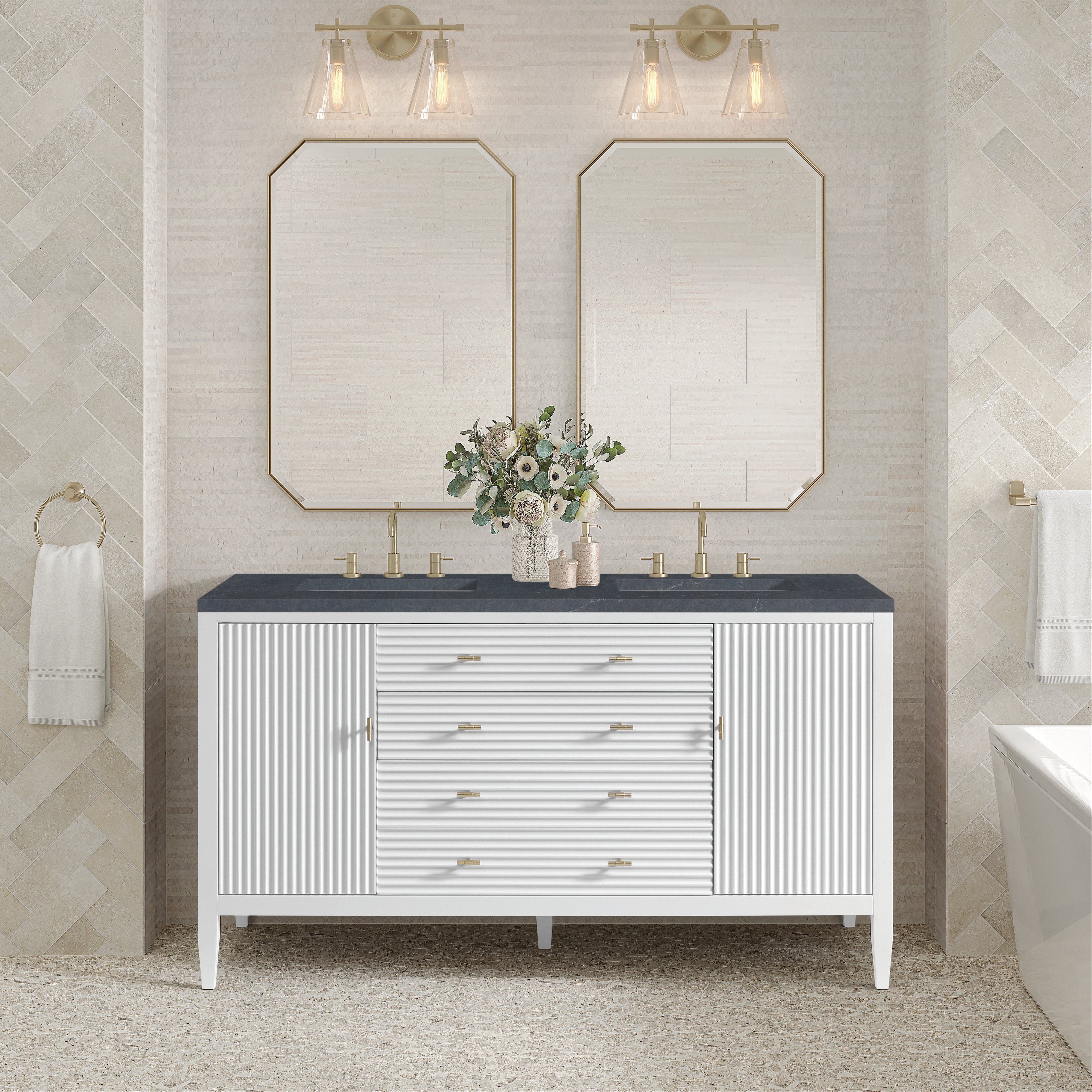 James Martin Myrrin 60" Double Vanity in Bright White with 3cm Countertop