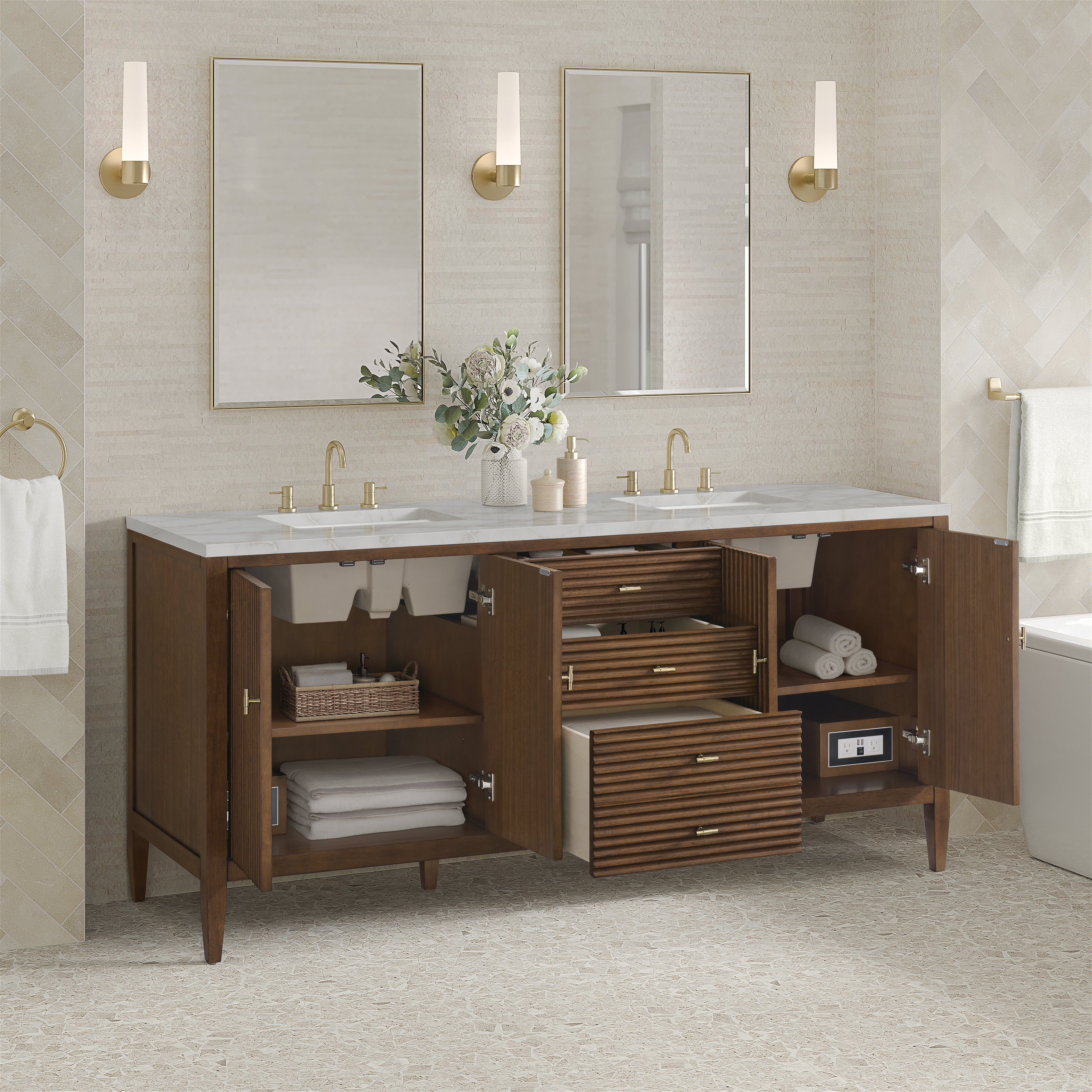 James Martin Myrrin 72" Double Vanity in Mid Century Walnut with 3cm Countertop and FreePower Wireless Charger