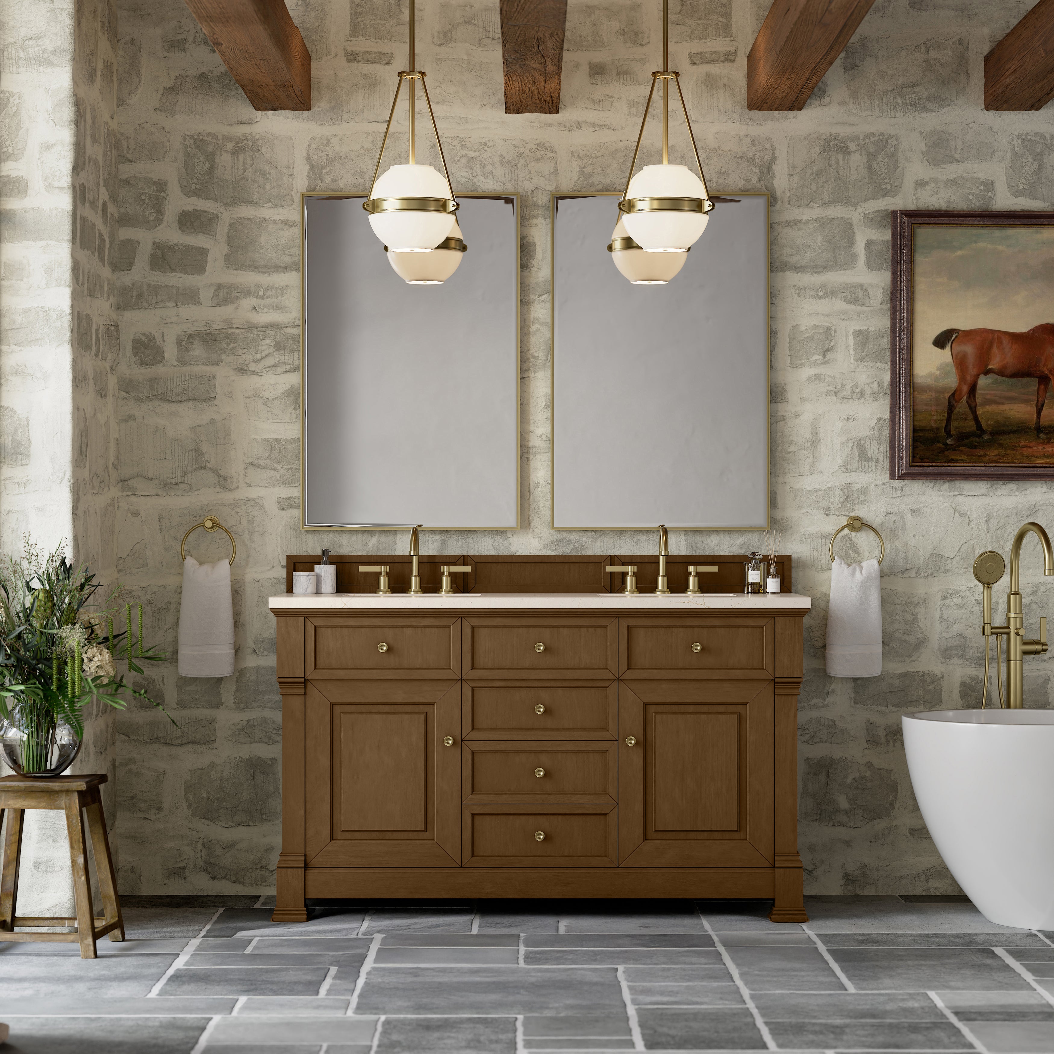 James Martin Brookfield 60" Double Vanity in Honey Oak with 3cm Countertop
