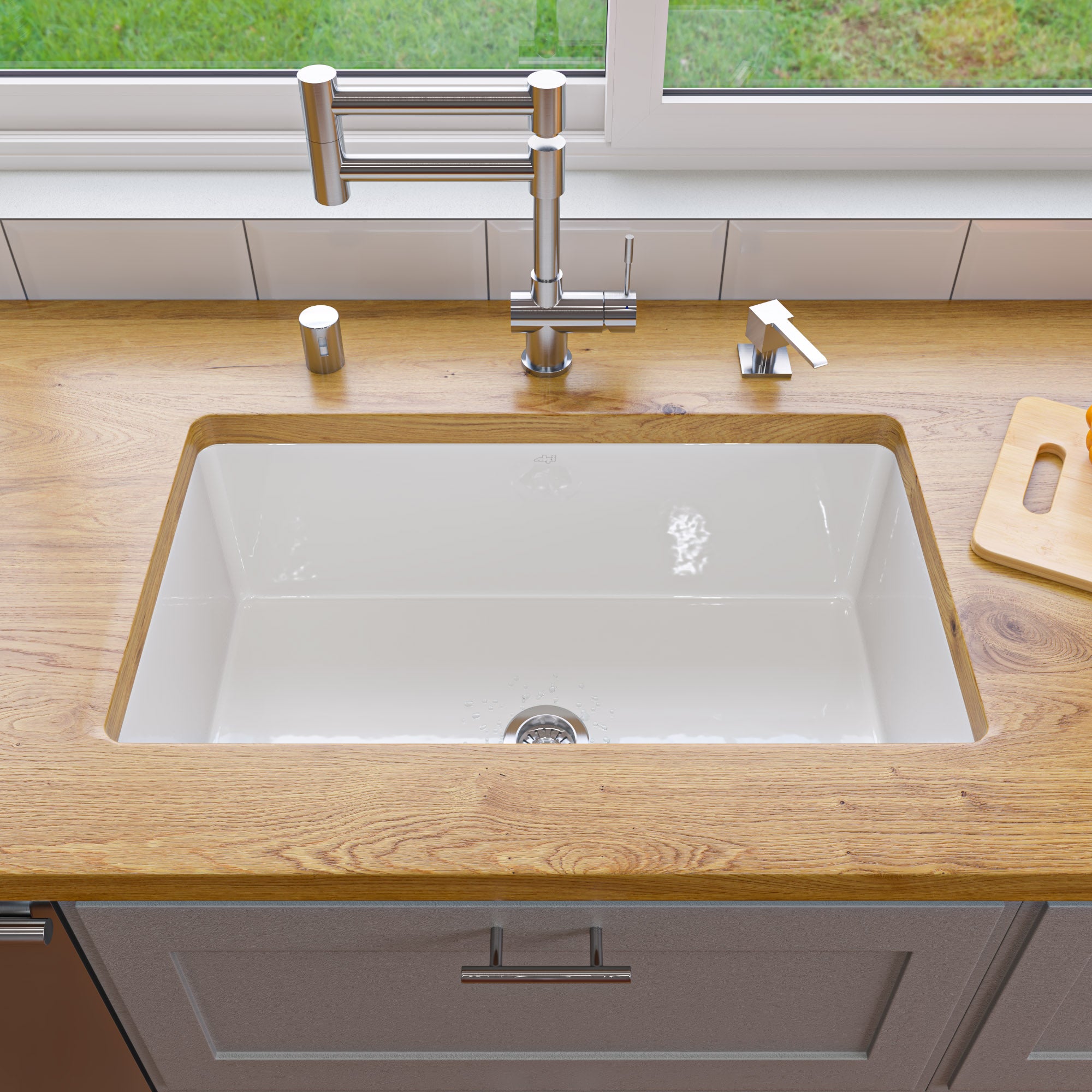 ALFI brand ABF3018UD ABF3018UD-W White 30" x 18" Fireclay Undermount / Drop In Kitchen Sink w Grid