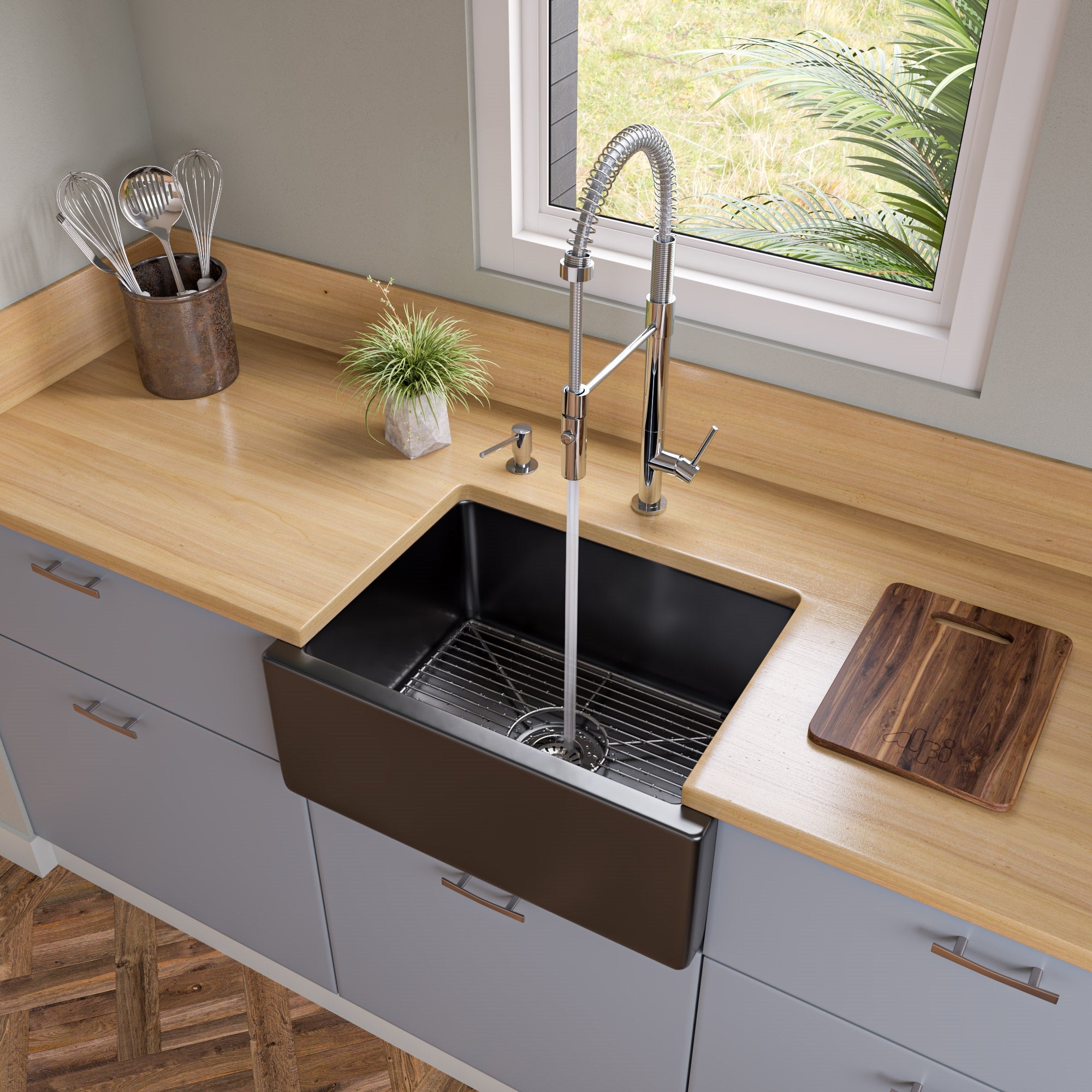 ALFI brand AB2418HS 24" Reversible Smooth / Fluted Single Bowl Fireclay Farm Sink – Biscuit, Black Gloss, Black Matte, White