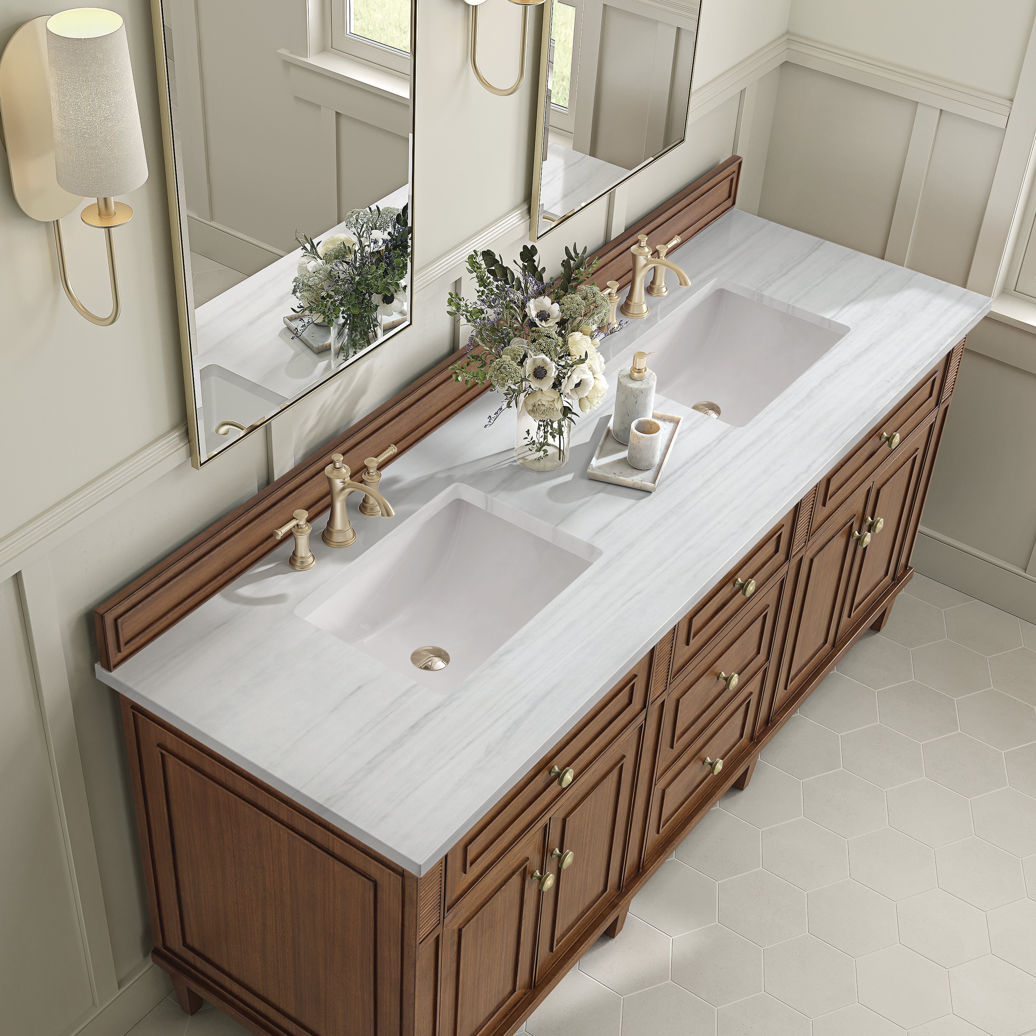 James Martin Lorelai 72"Double Vanity in Mid-Century Walnut with 3cm Countertop
