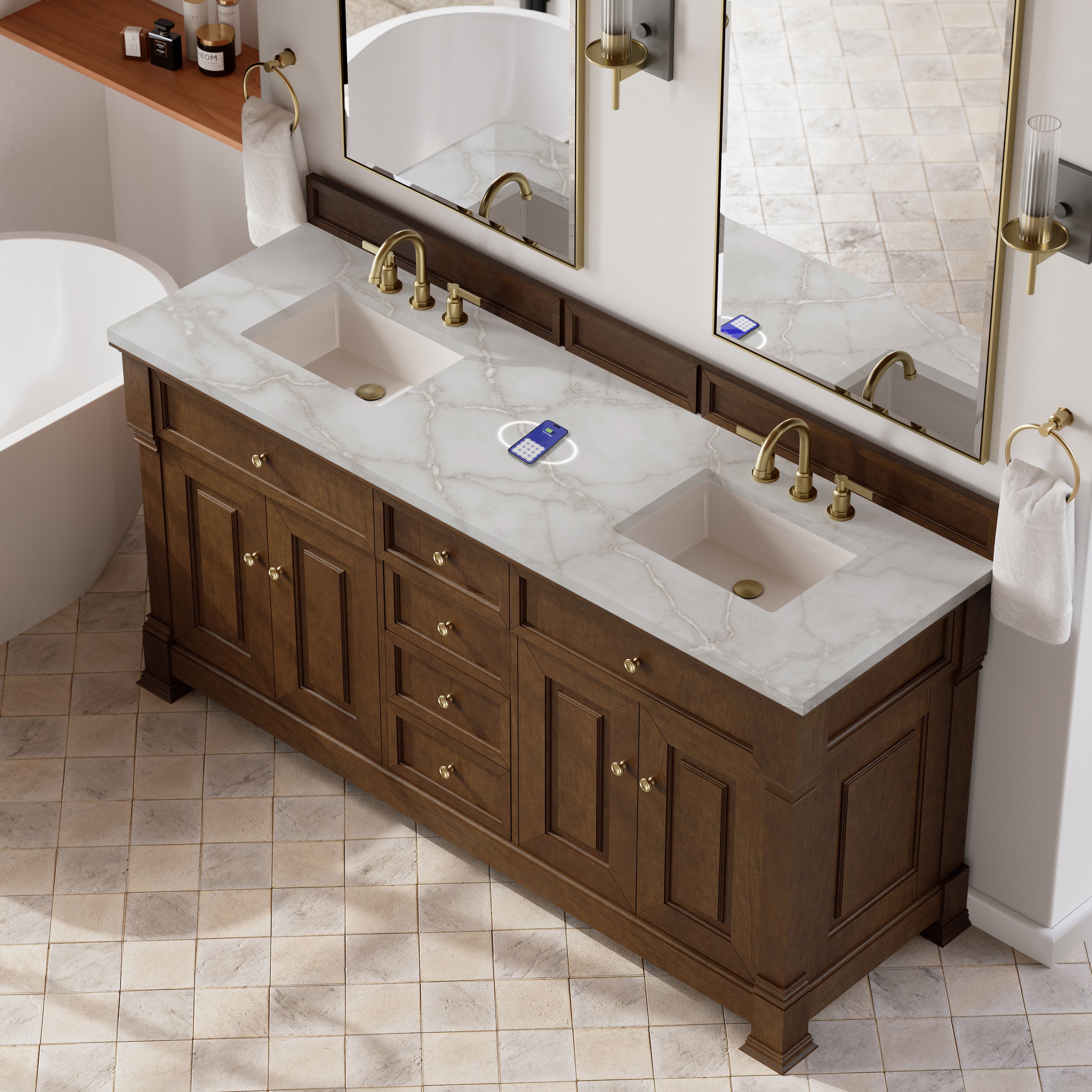 James Martin Brookfield 72" Double Vanity in Honey Oak with 3cm Countertop and FreePower Wireless Charger