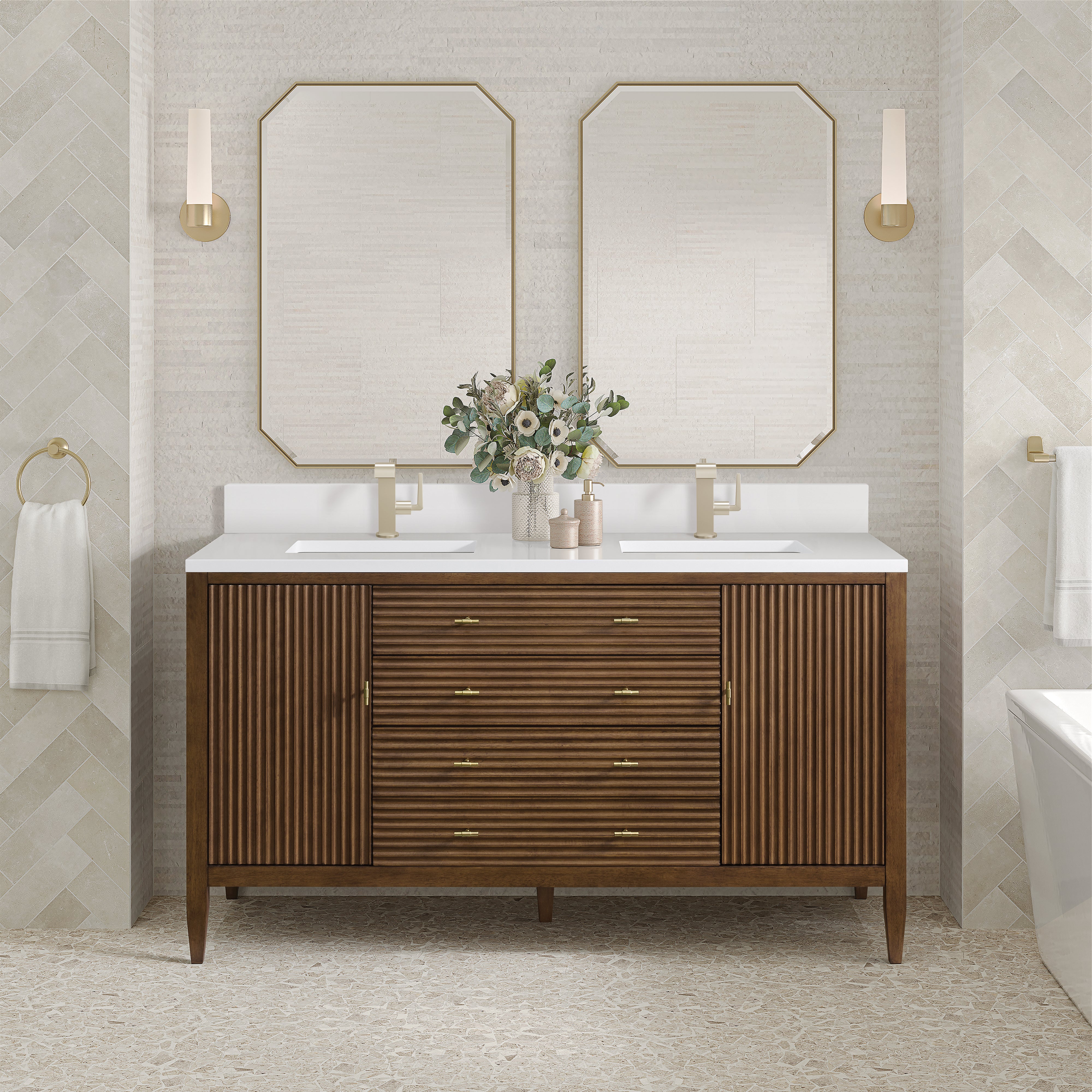 James Martin Myrrin 60" Double Vanity in Mid Century Walnut with 3cm Countertop