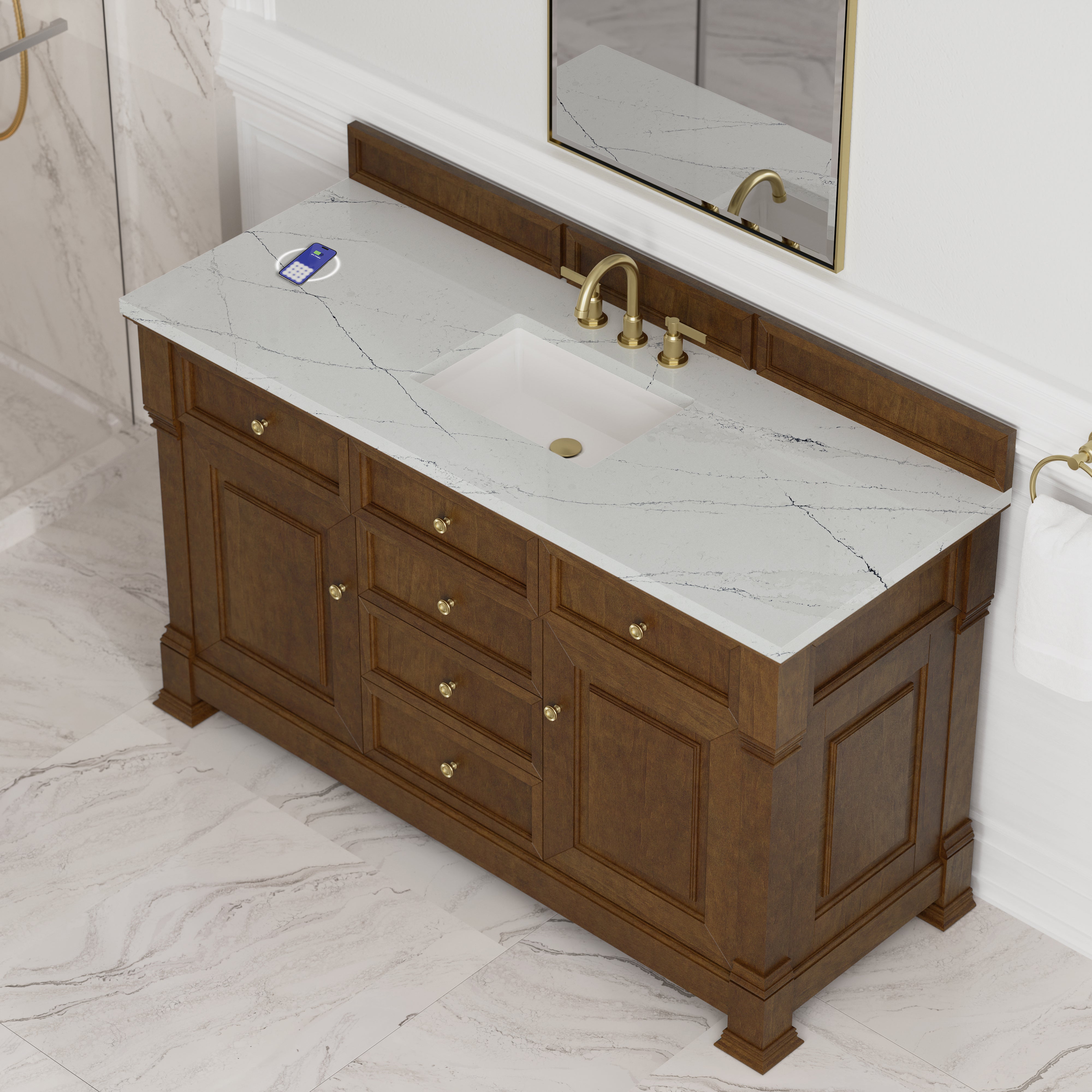 James Martin Brookfield 60" Single Vanity in Honey Oak with 3cm Countertop and FreePower Wireless Charger