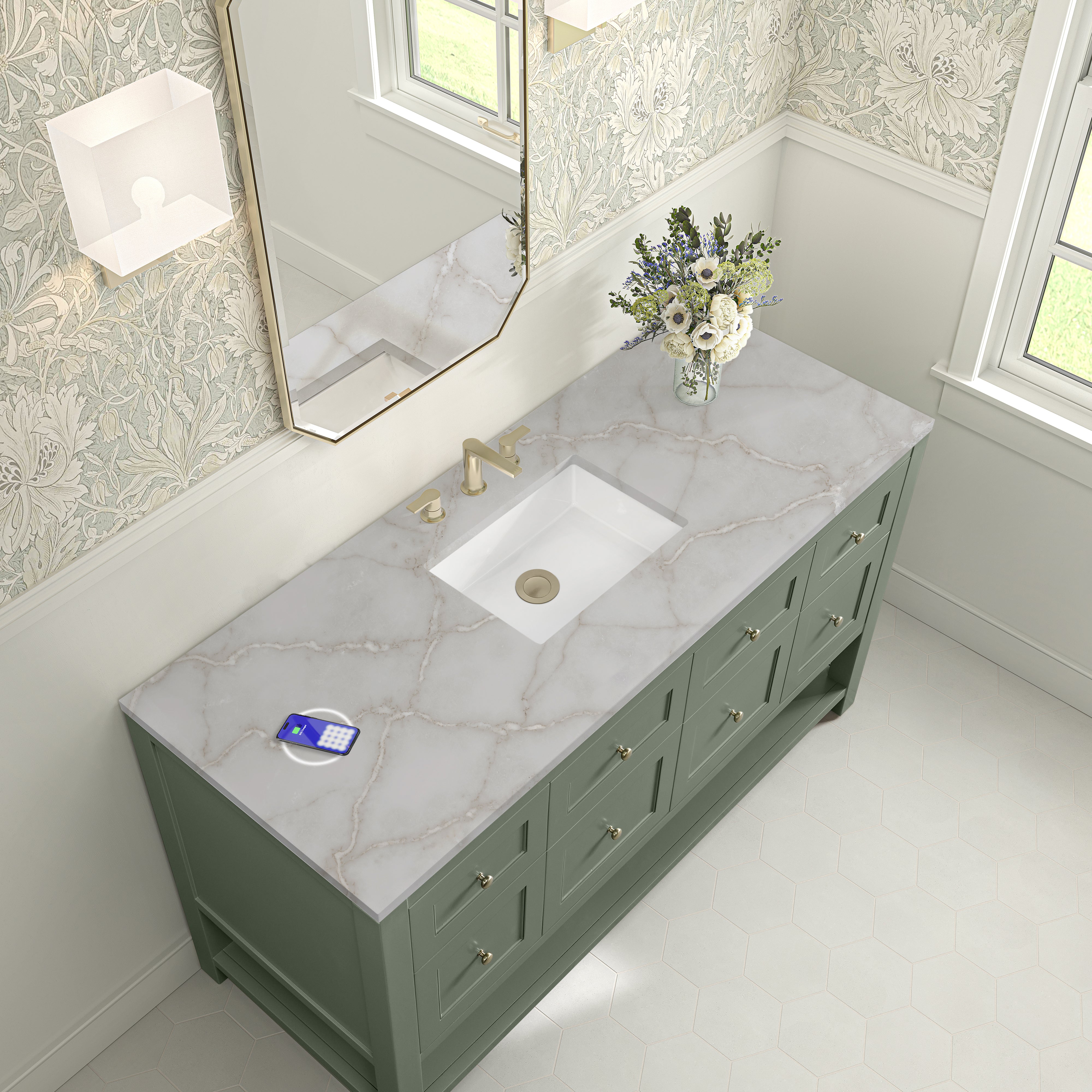 James Martin Breckenridge 60" Single Vanity in Smokey Celadon with 3cm Countertop and FreePower Wireless Charger