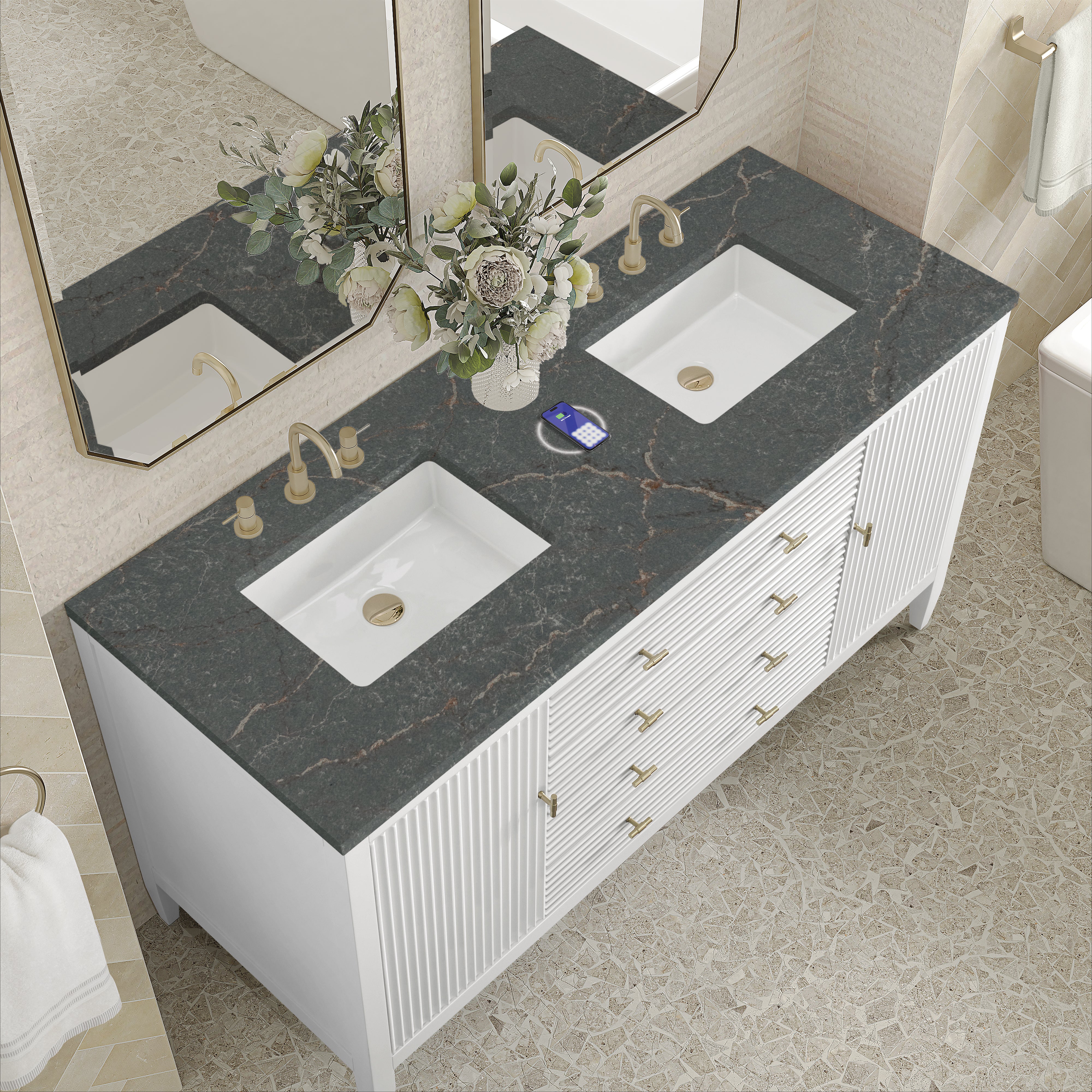James Martin Myrrin 60" Double Vanity in Bright White with 3cm Countertop and FreePower Wireless Charger
