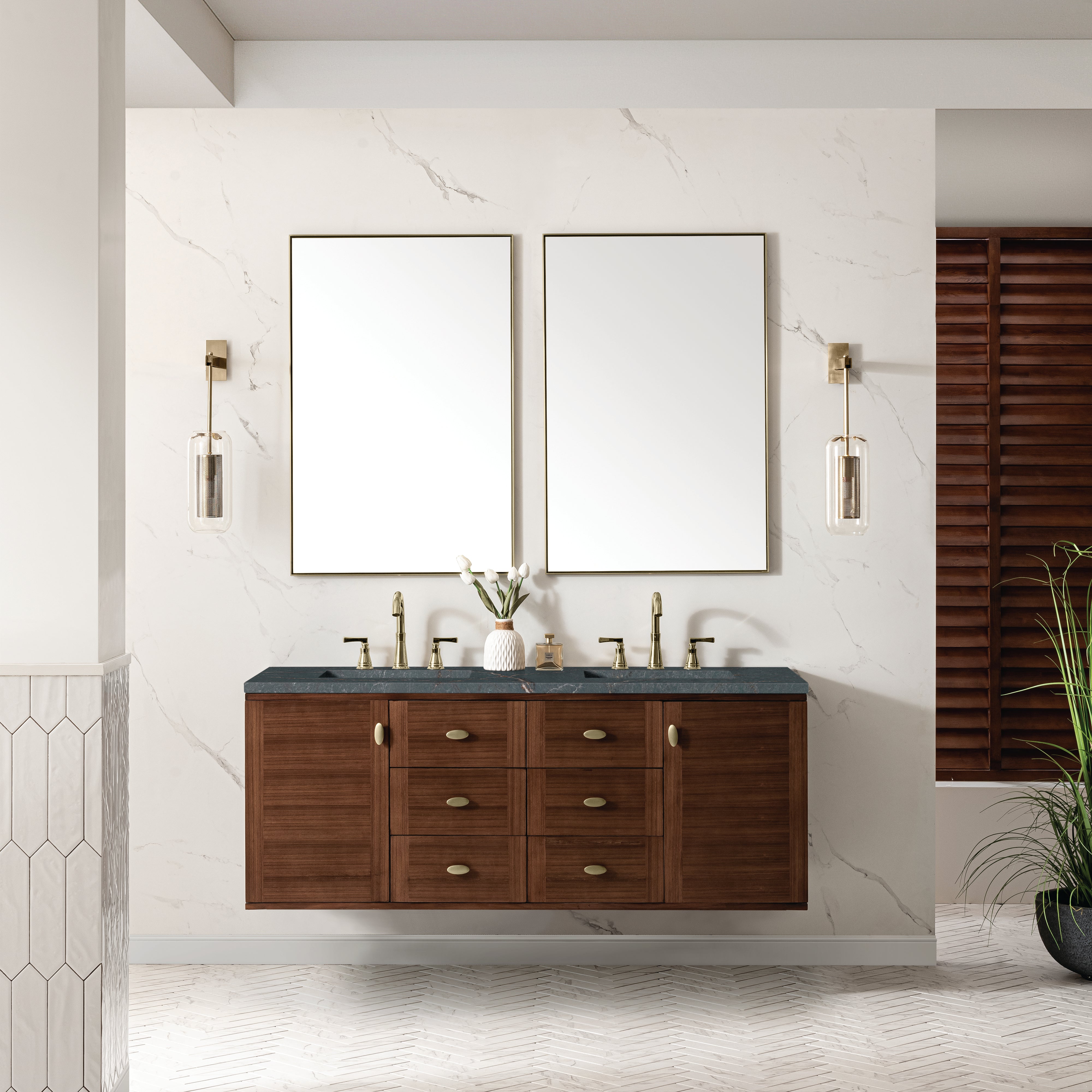 James Martin Amberly 60" Double Vanity in Mid-Century Walnut with 3cm Countertop and FreePower Wireless Charger