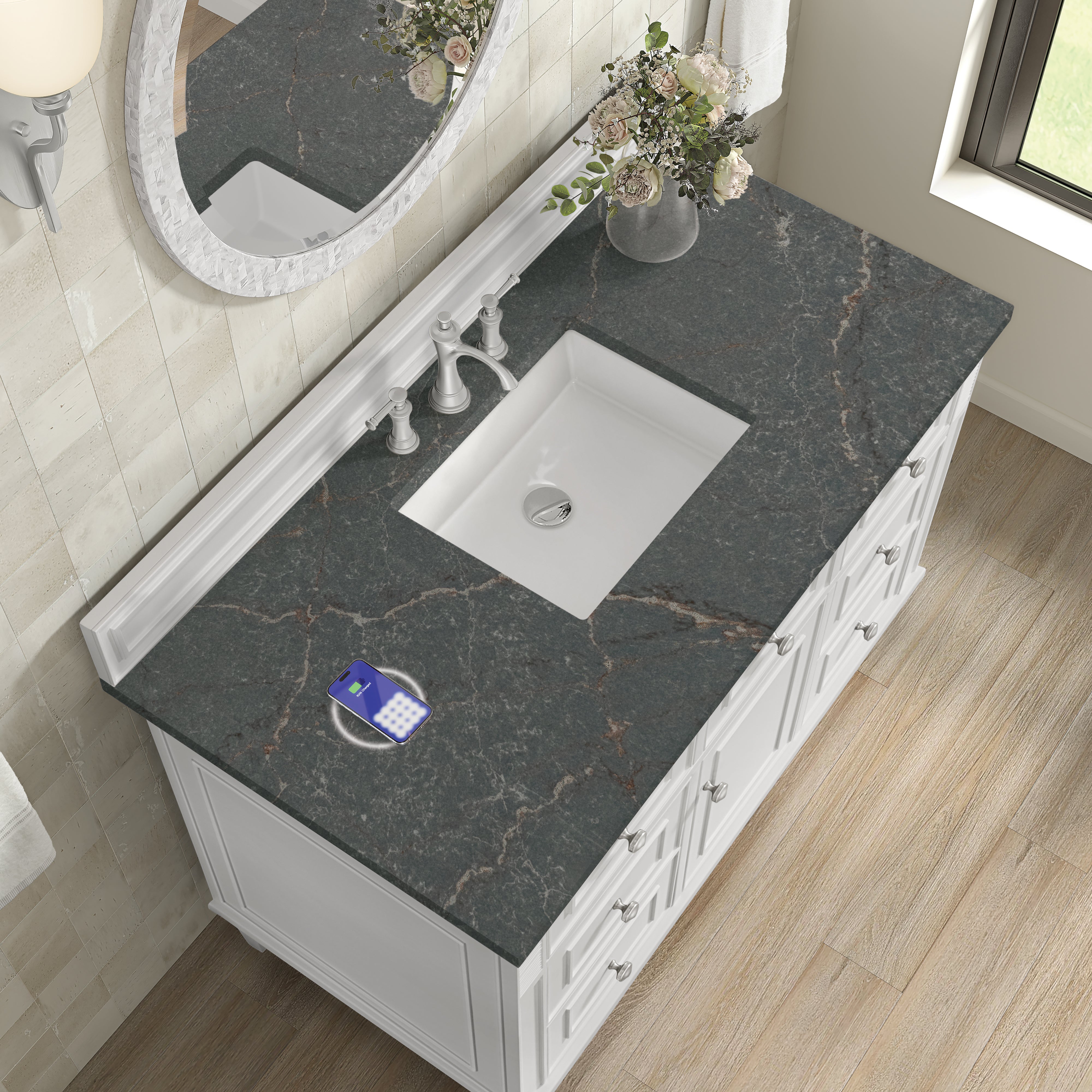 James Martin Lorelai 48" Single Vanity in Bright White with 3cm Countertop and FreePower Wireless Charger