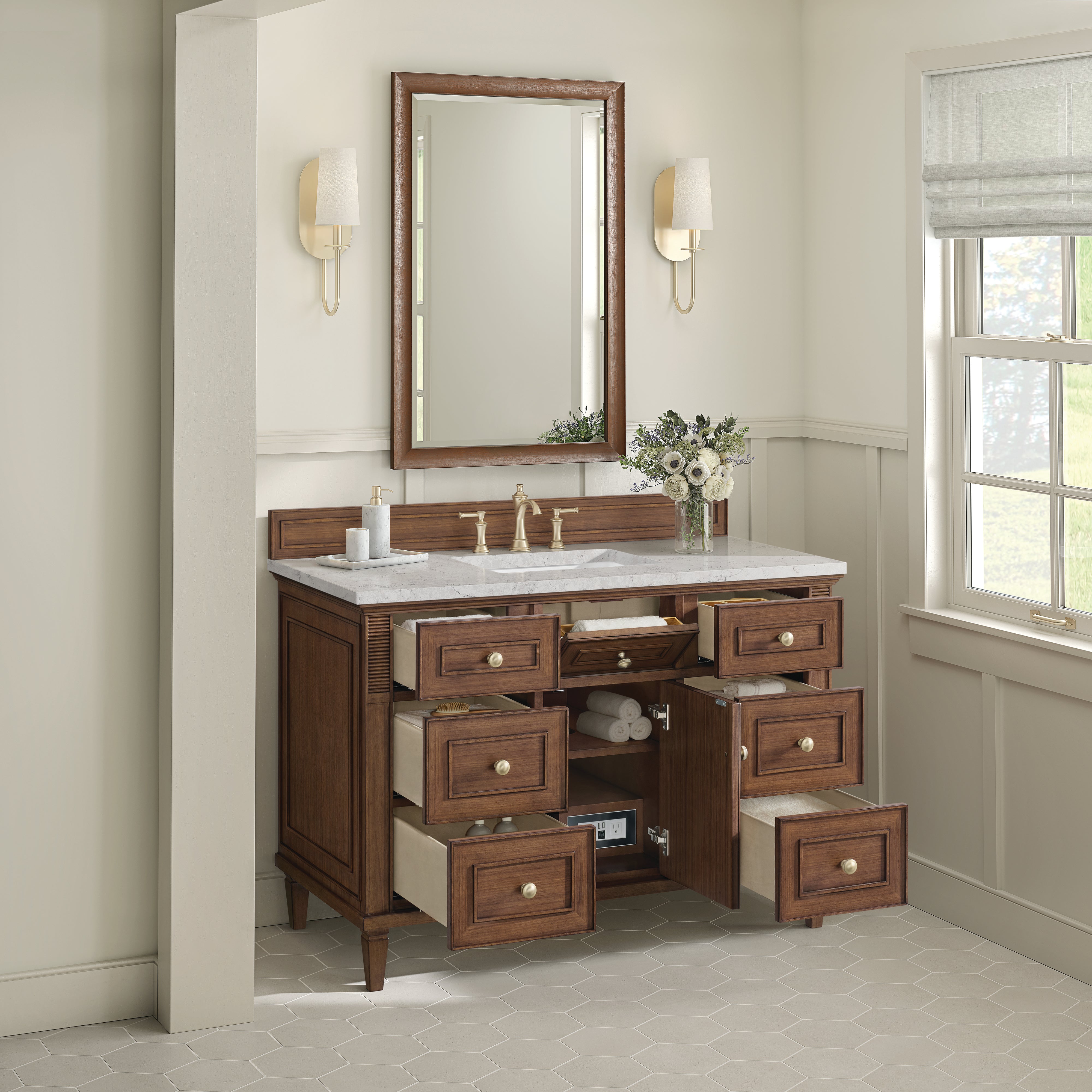 James Martin Lorelai 48" Single Vanity in Mid-Century Walnut with 3cm Countertop