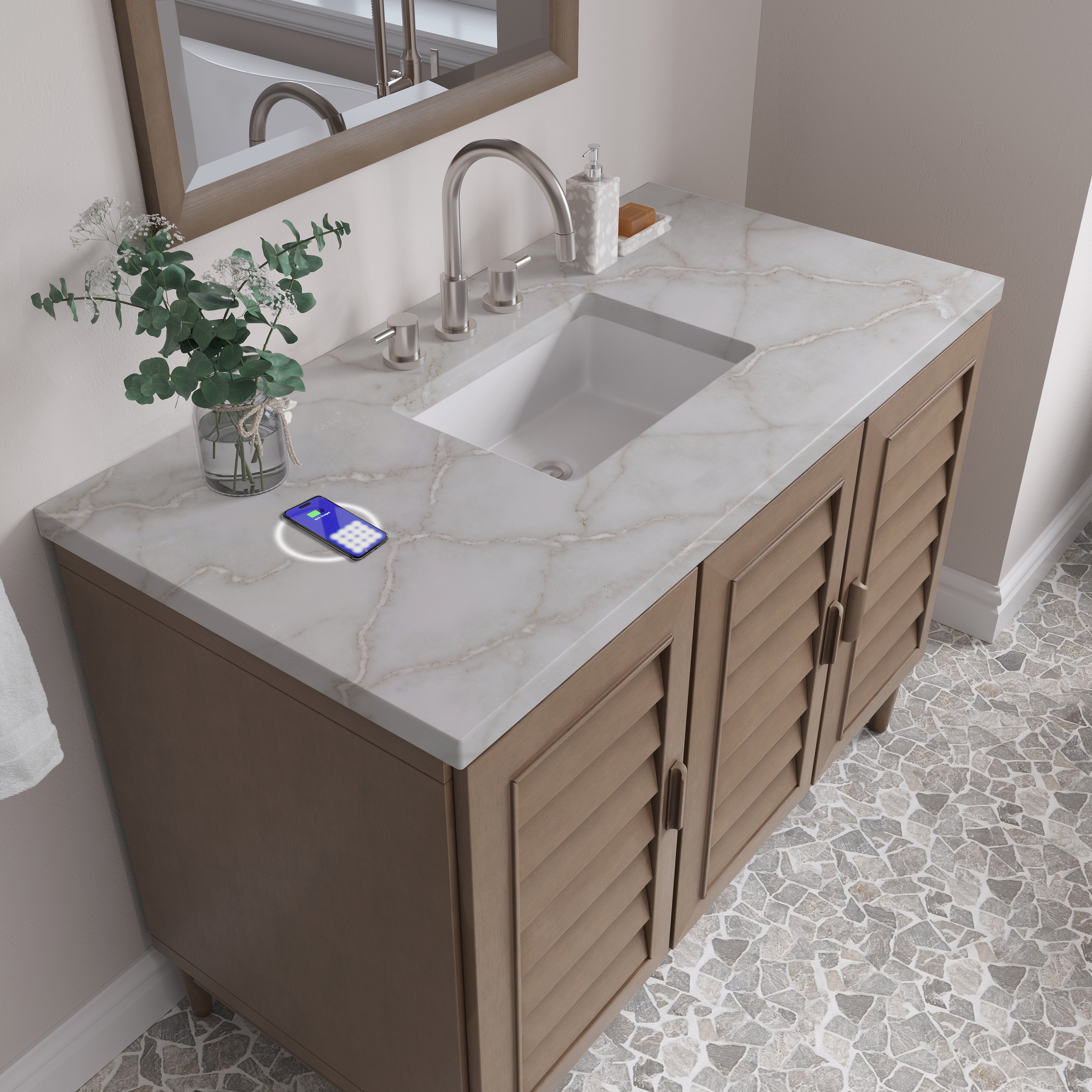 James Martin Portland 48" Single Vanity in Whitewashed Walnut with 3cm Countertop and FreePower Wireless Charger