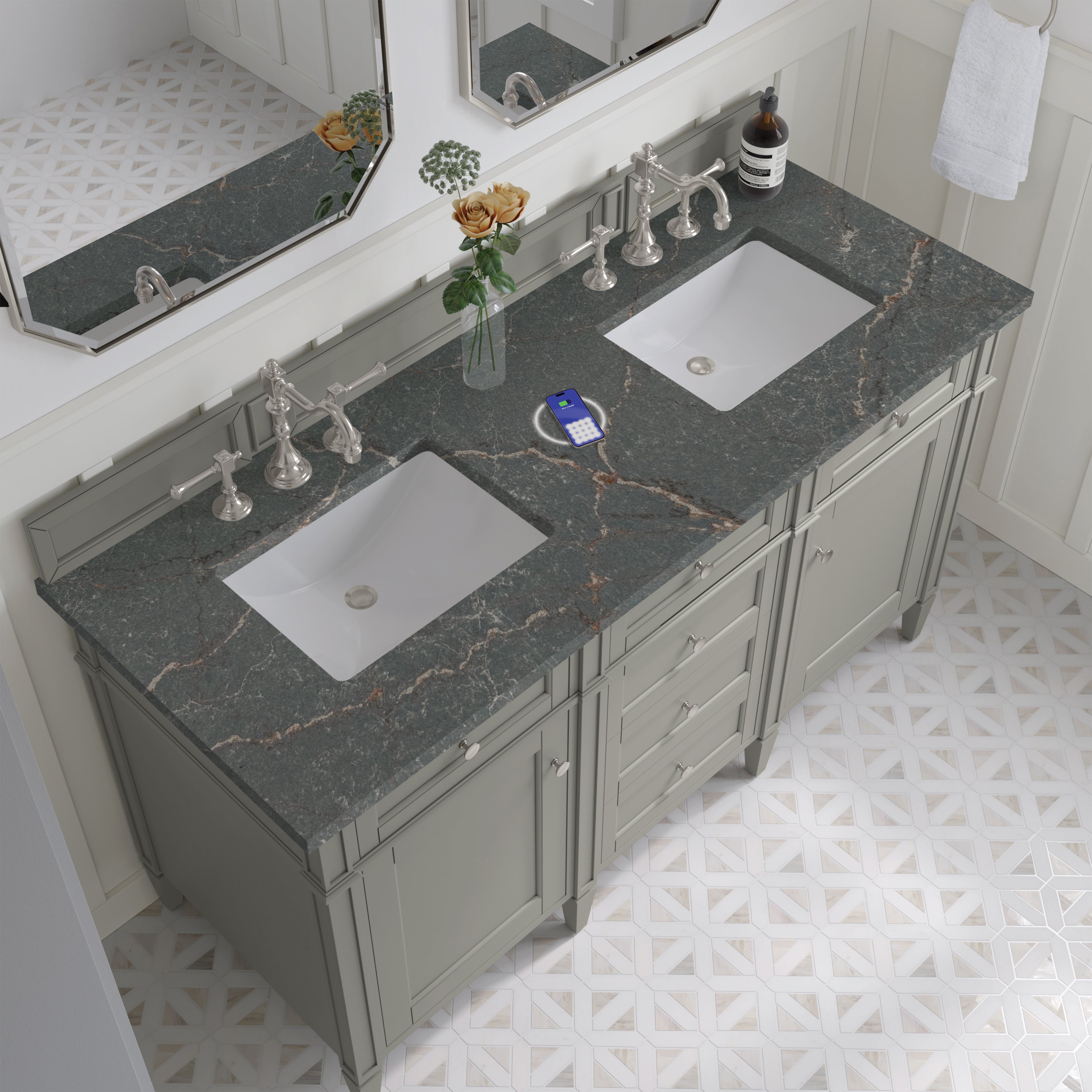 James Martin Brittany 60" Double Vanity in Urban Gray with 3cm Countertop and FreePower Wireless Charger
