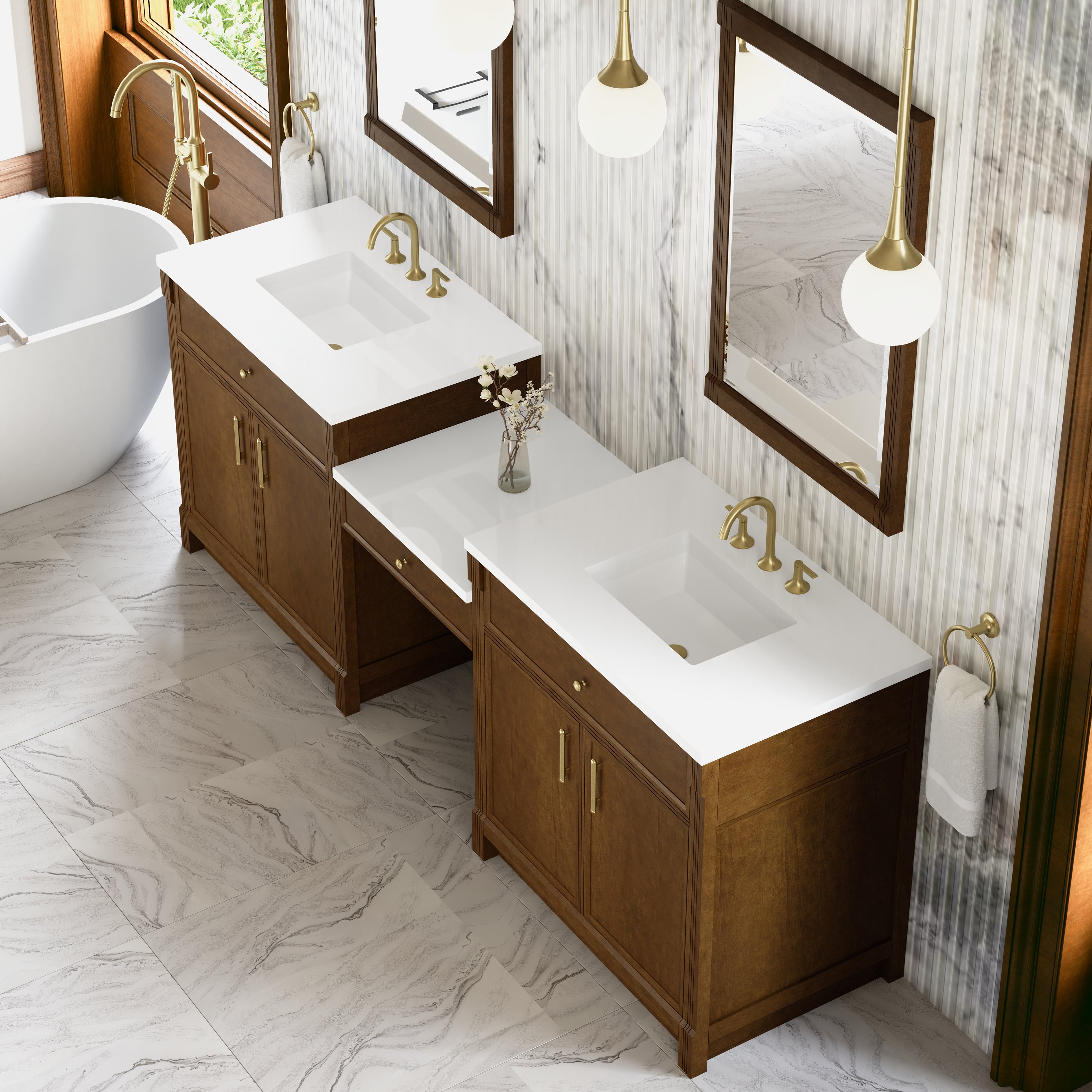 James Martin Bellshire 96" Dual Vanity Set with 24" Make-Up Counter in Honey Oak with 3cm Countertop