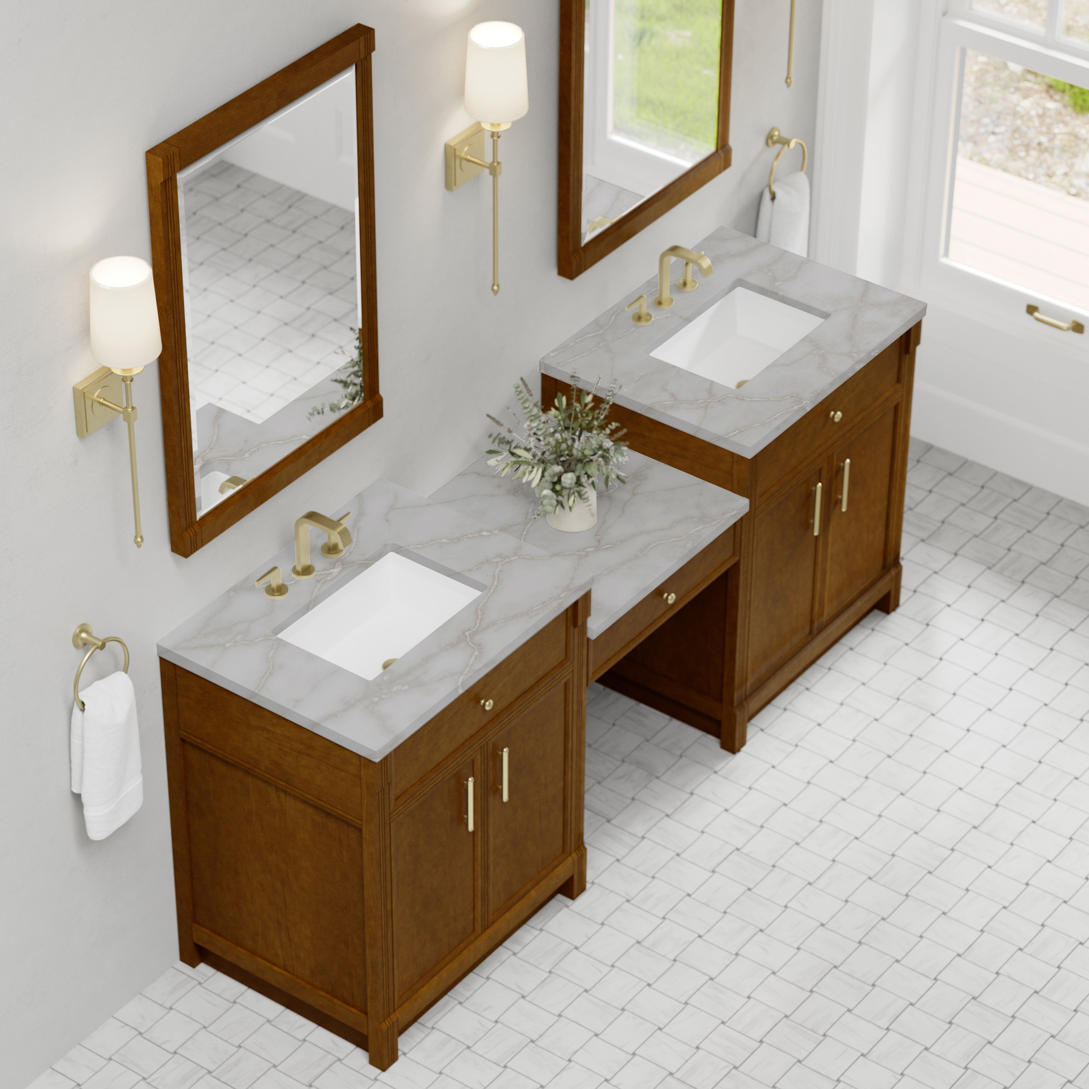 James Martin Bellshire 84" Dual Vanity Set with 24" Make-Up Counter in Honey Oak with 3cm Countertop