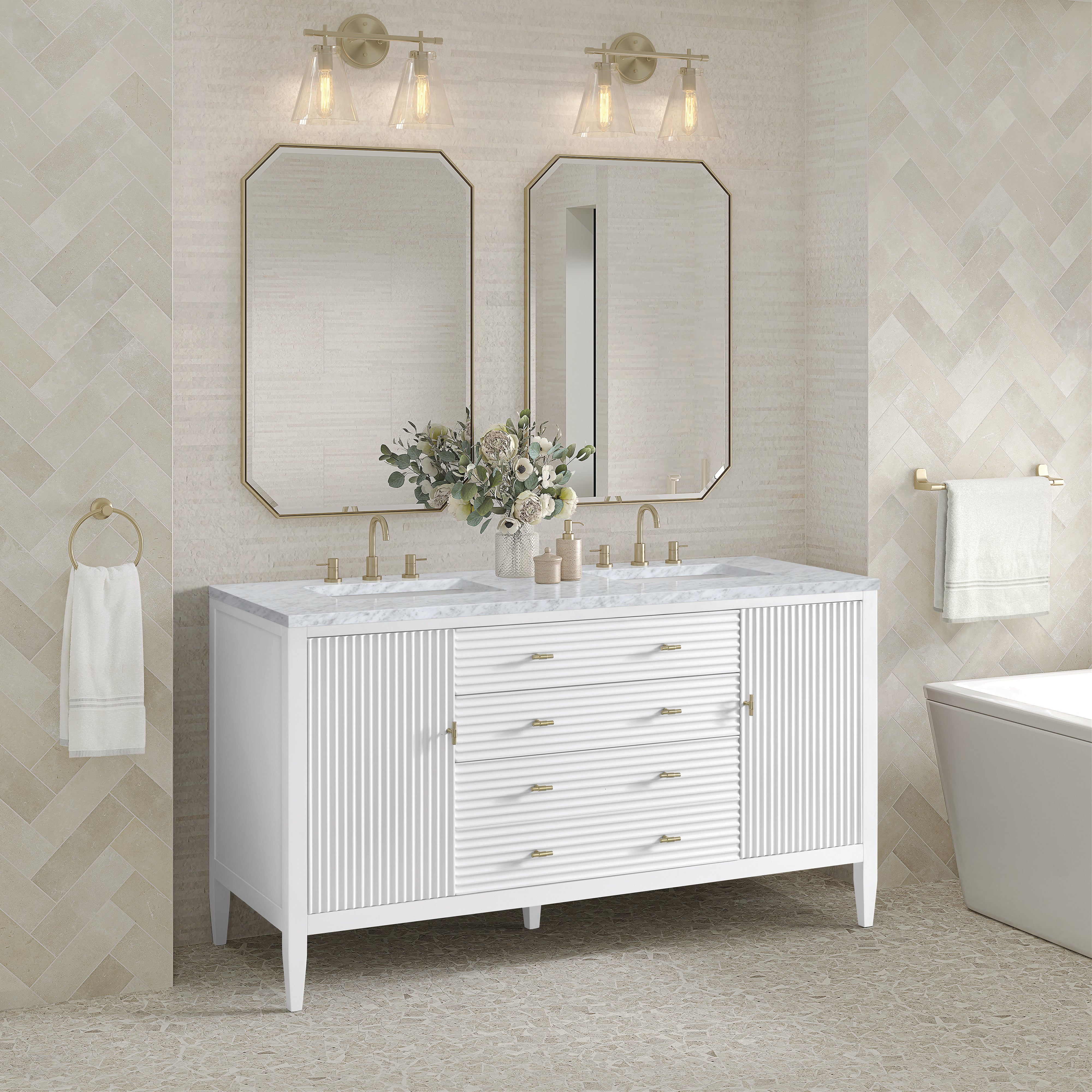 James Martin Myrrin 60" Double Vanity in Bright White with 3cm Countertop