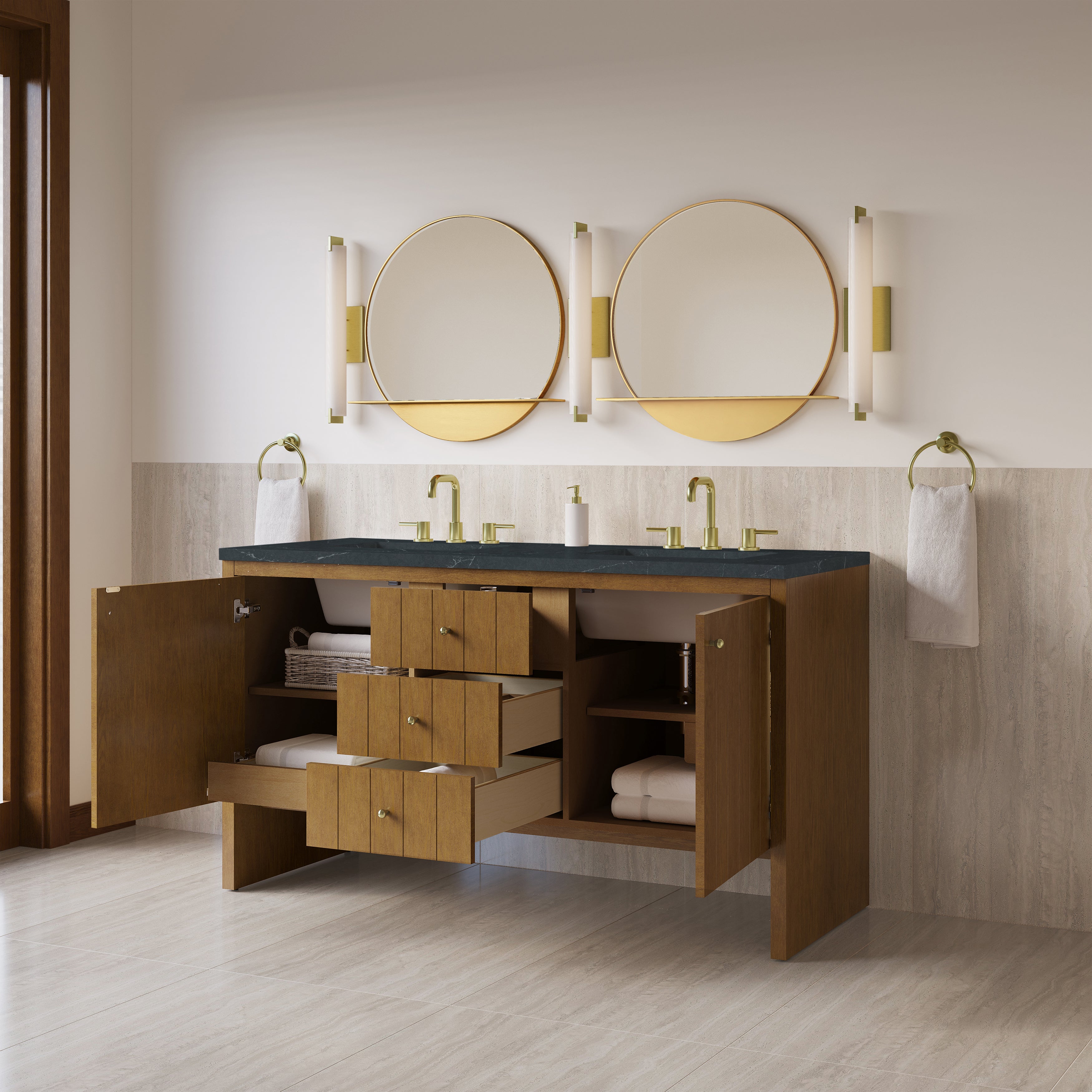 James Martin Hudson 60" Double Vanity in Honey Oak with 3cm Countertop