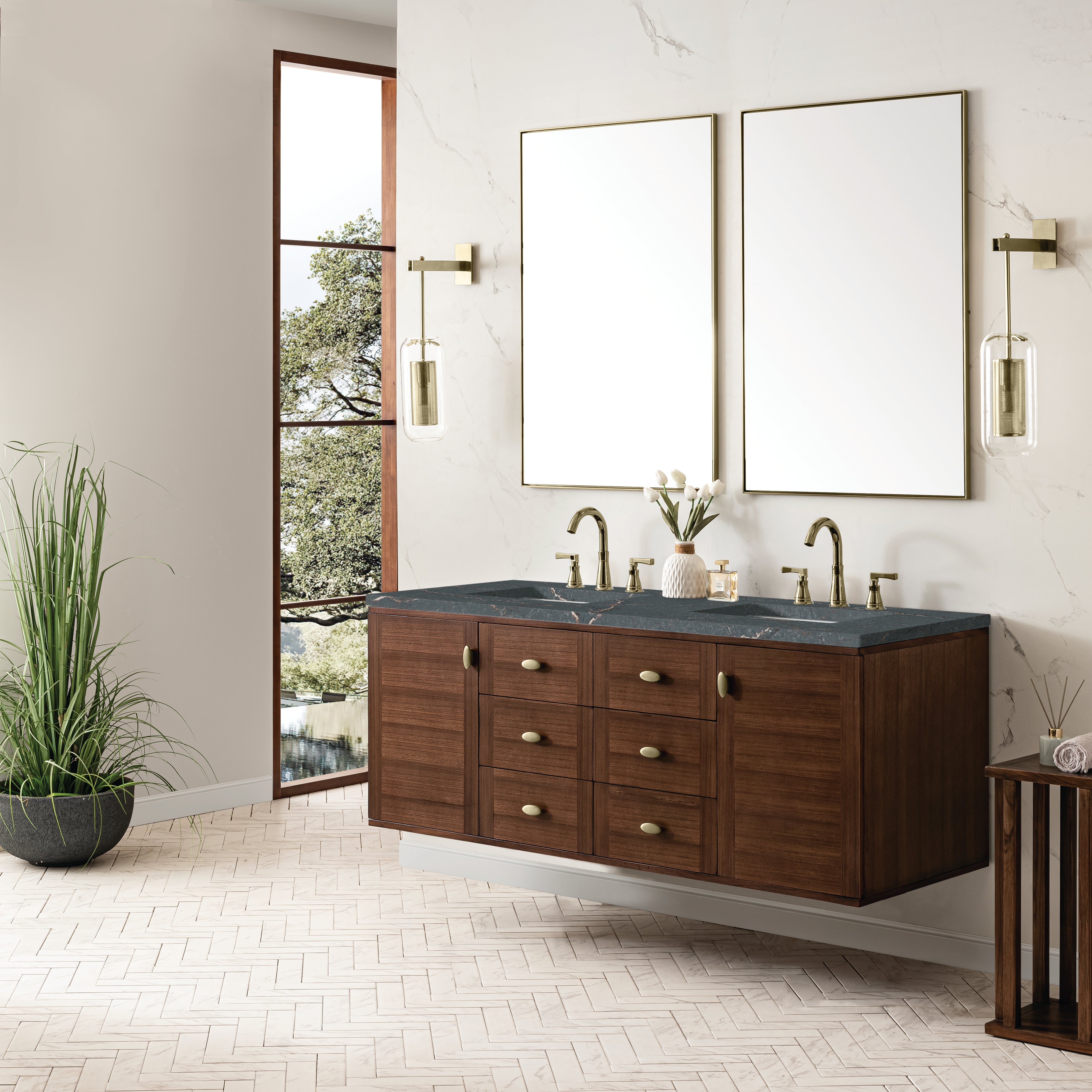 James Martin Amberly 60" Double Vanity in Mid-Century Walnut with 3cm Countertop and FreePower Wireless Charger