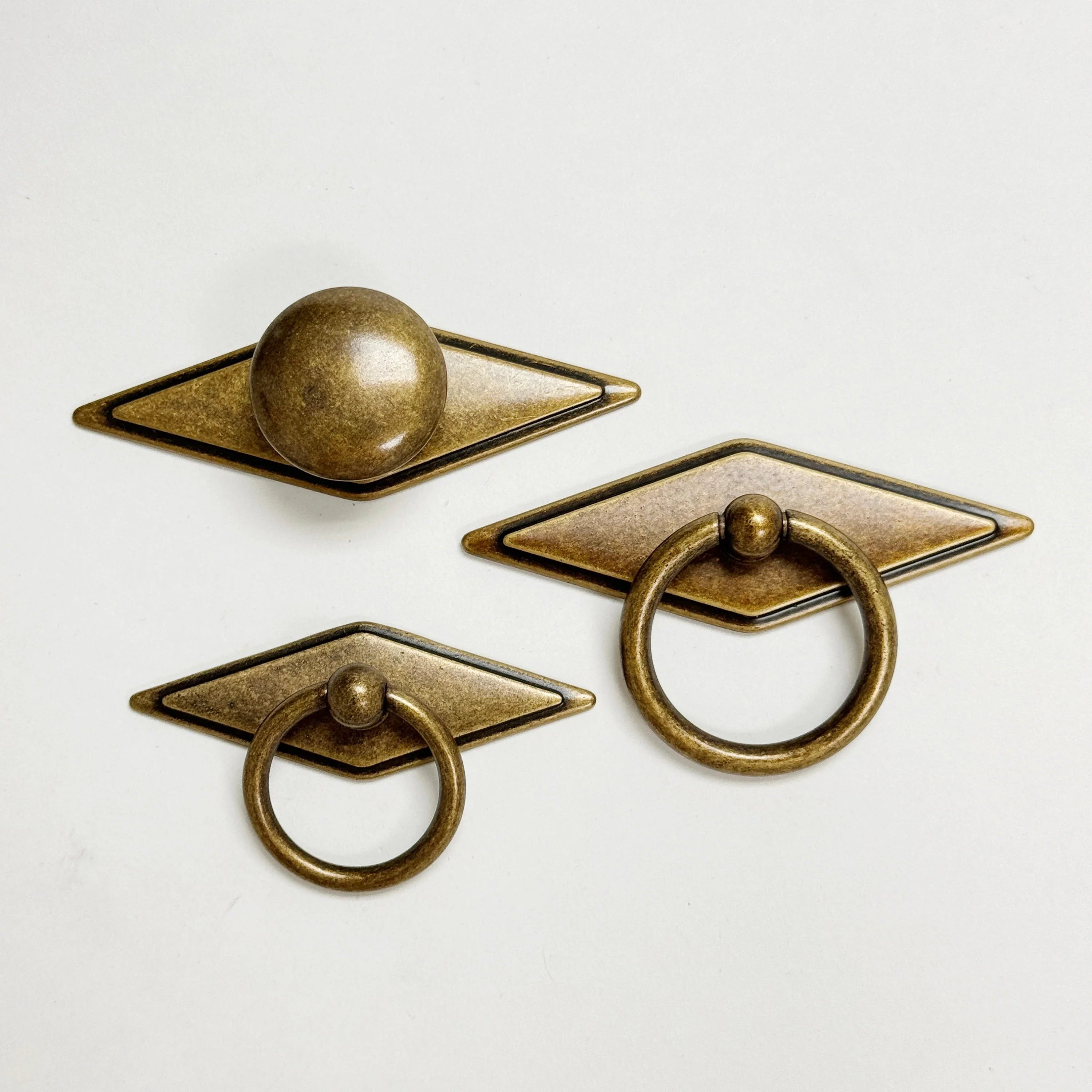 Rhombus "Ella" Antique Bronze Ring Drawer Pulls with Backplate