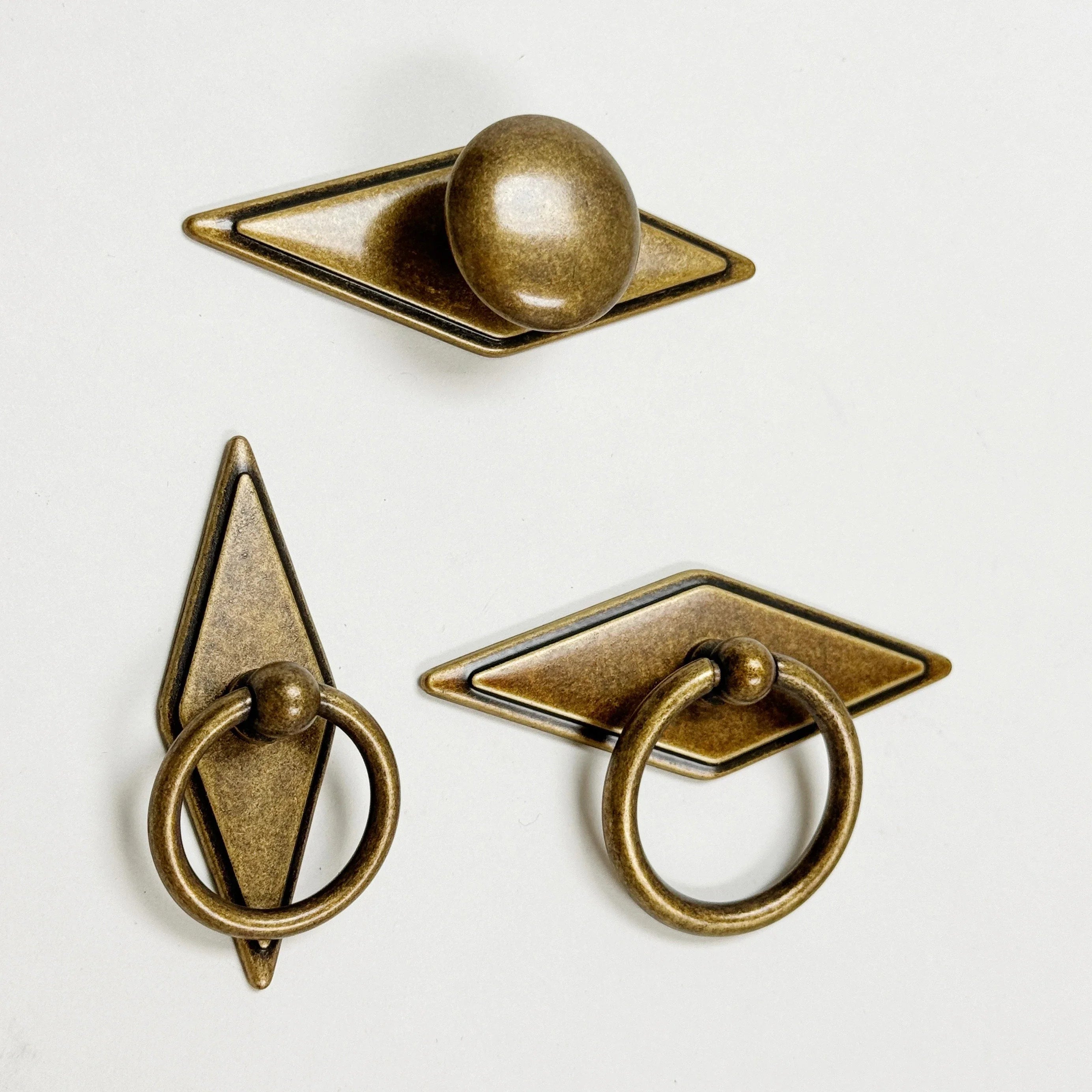 Rhombus "Ella" Antique Bronze Ring Drawer Pulls with Backplate