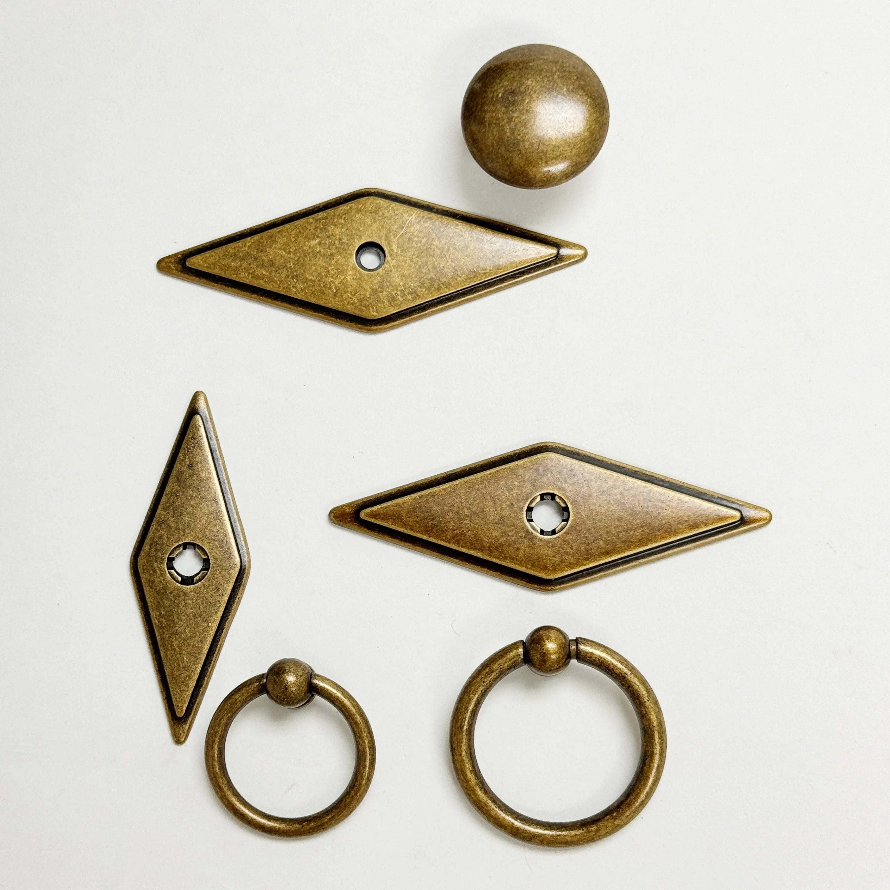 Rhombus "Ella" Antique Bronze Ring Drawer Pulls with Backplate