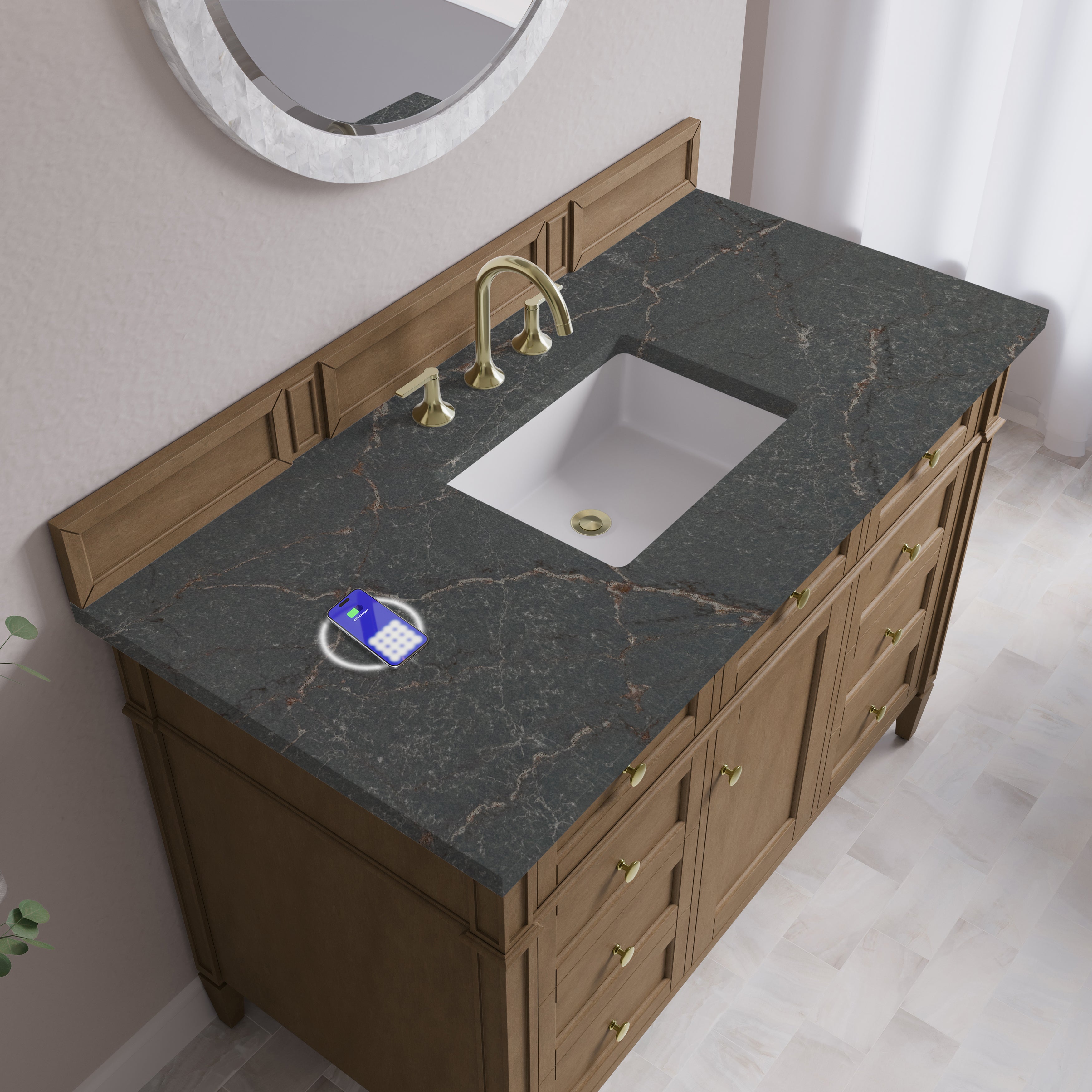James Martin Brittany 48" Single Vanity in Pecan with 3cm Countertop and FreePower Wireless Charger