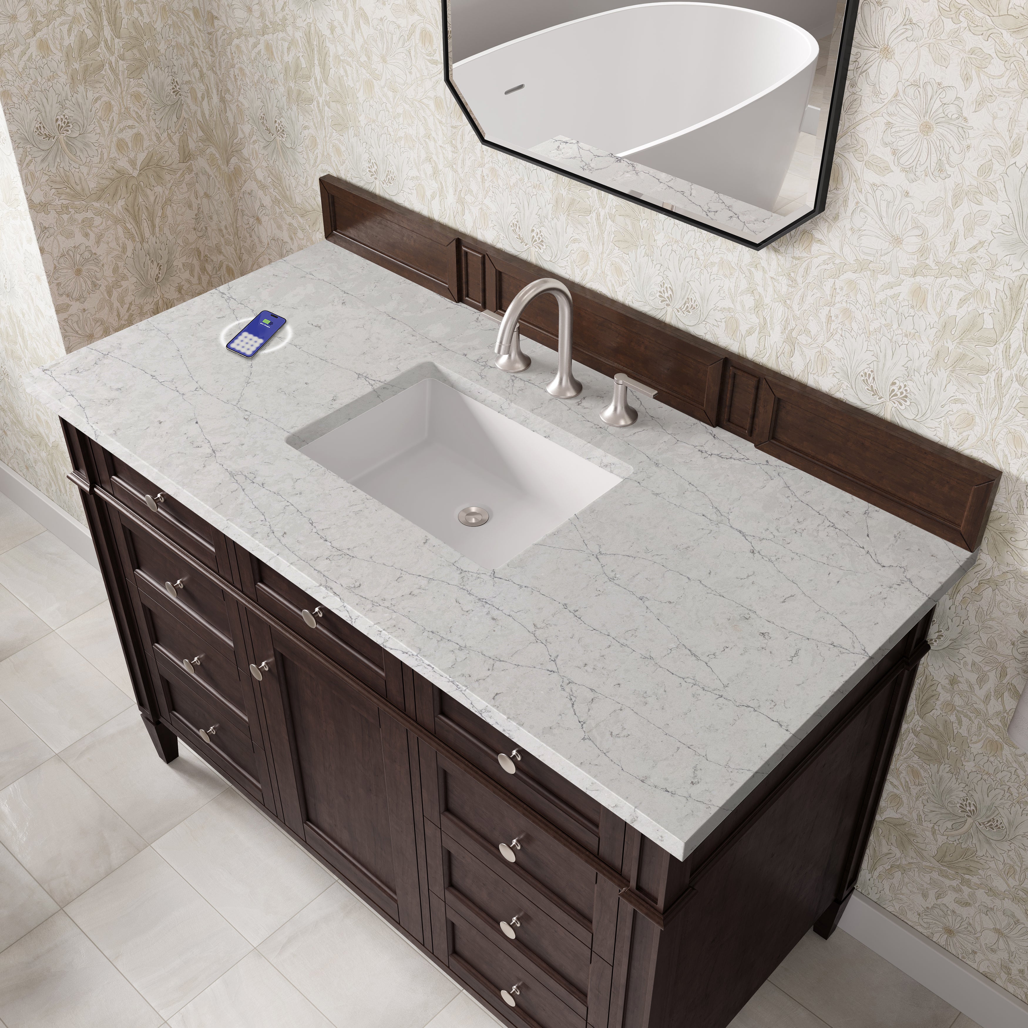 James Martin Brittany 48" Single Vanity in Burnished Mahogany with 3cm Countertop and FreePower Wireless Charger