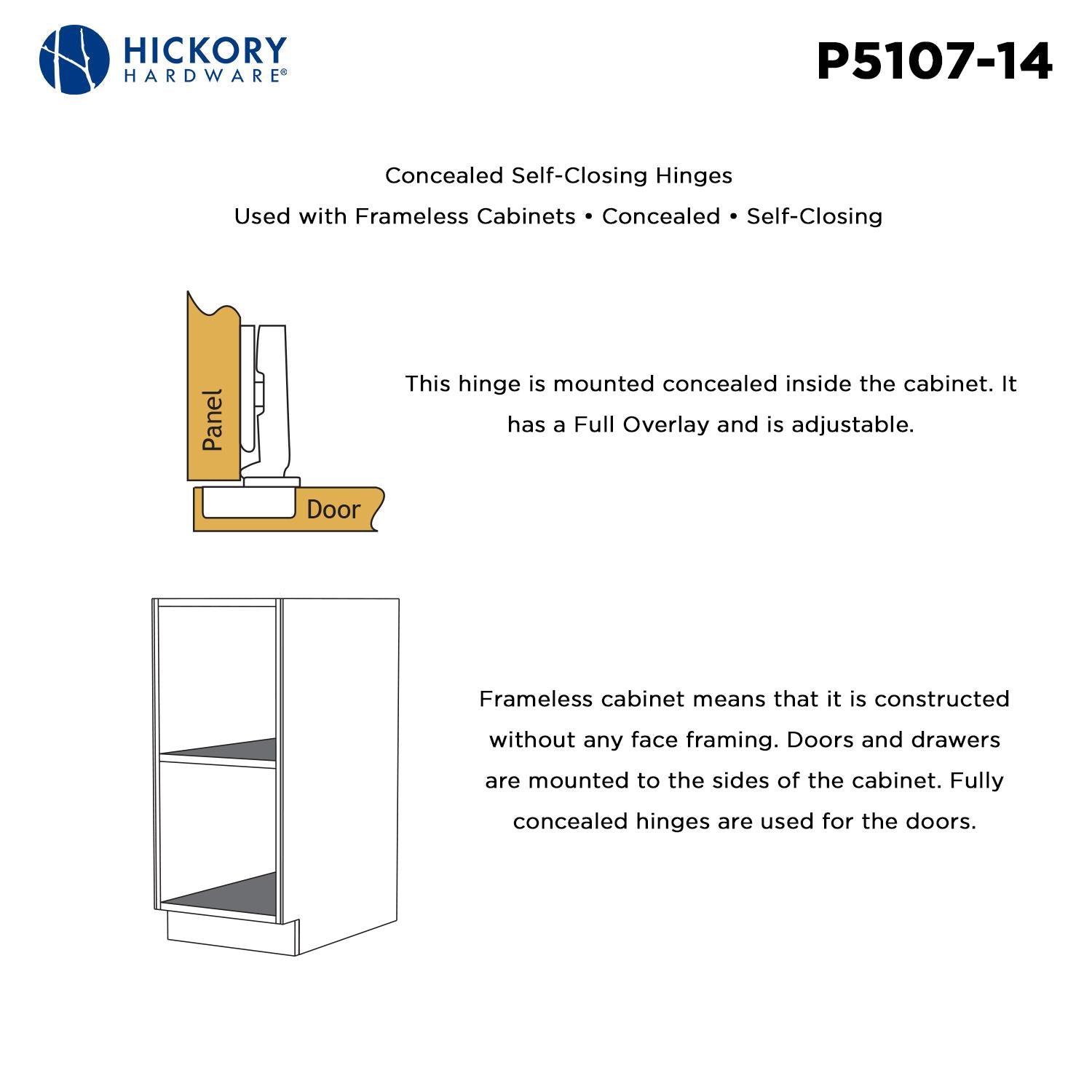 Hickory P5107, Hickory Hardware Concealed Hinge 105° Full Overlay Frameless - Polished Nickel (P5107-14)