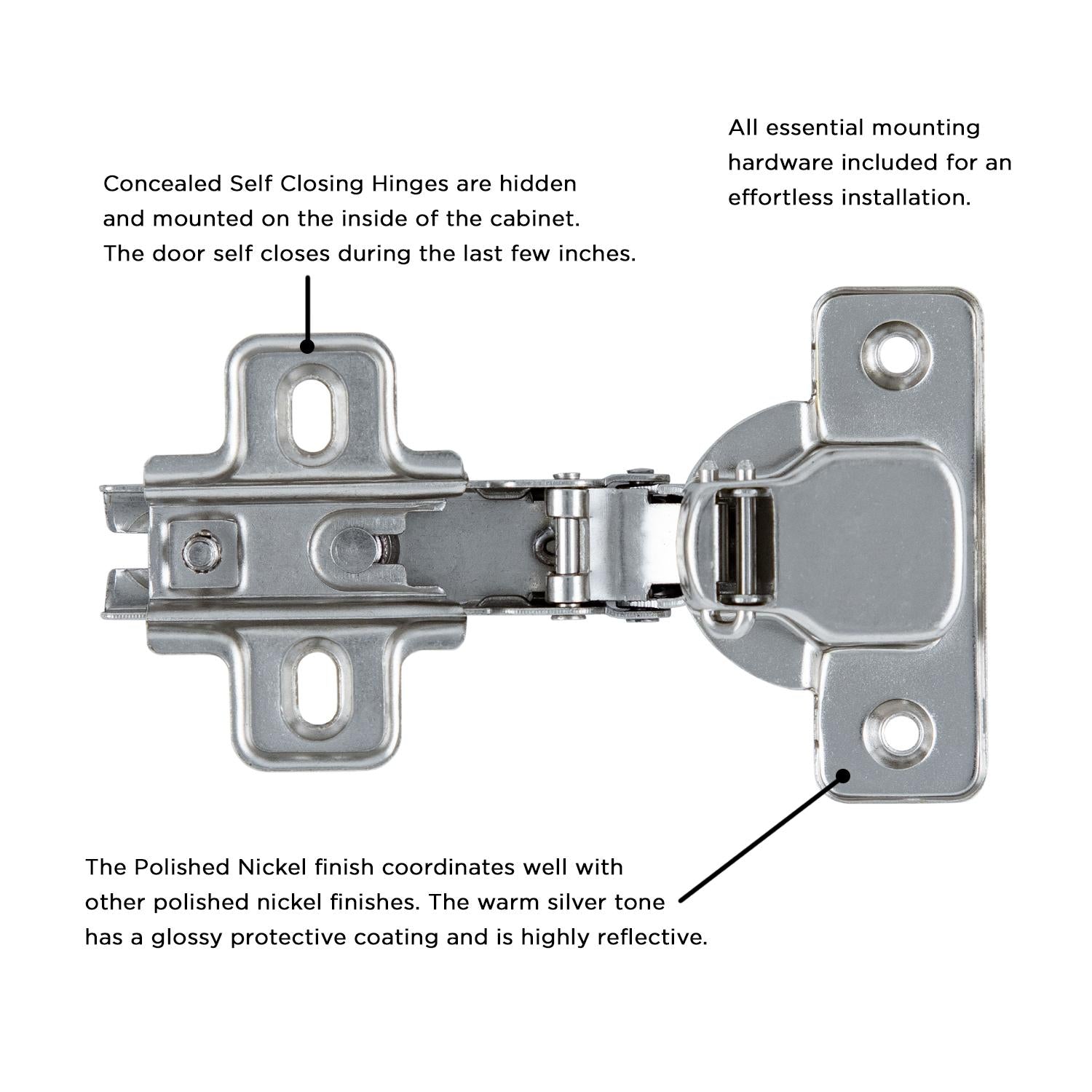 Hickory P5107, Hickory Hardware Concealed Hinge 105° Full Overlay Frameless - Polished Nickel (P5107-14)