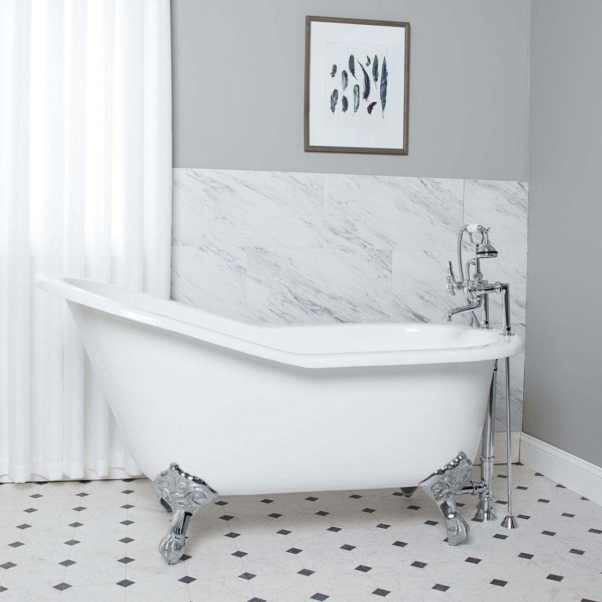 MAIDSTONE Imperial 62 Inch Cast Iron Slipper Clawfoot Tub - Flat Rim - Rim Faucet Drillings