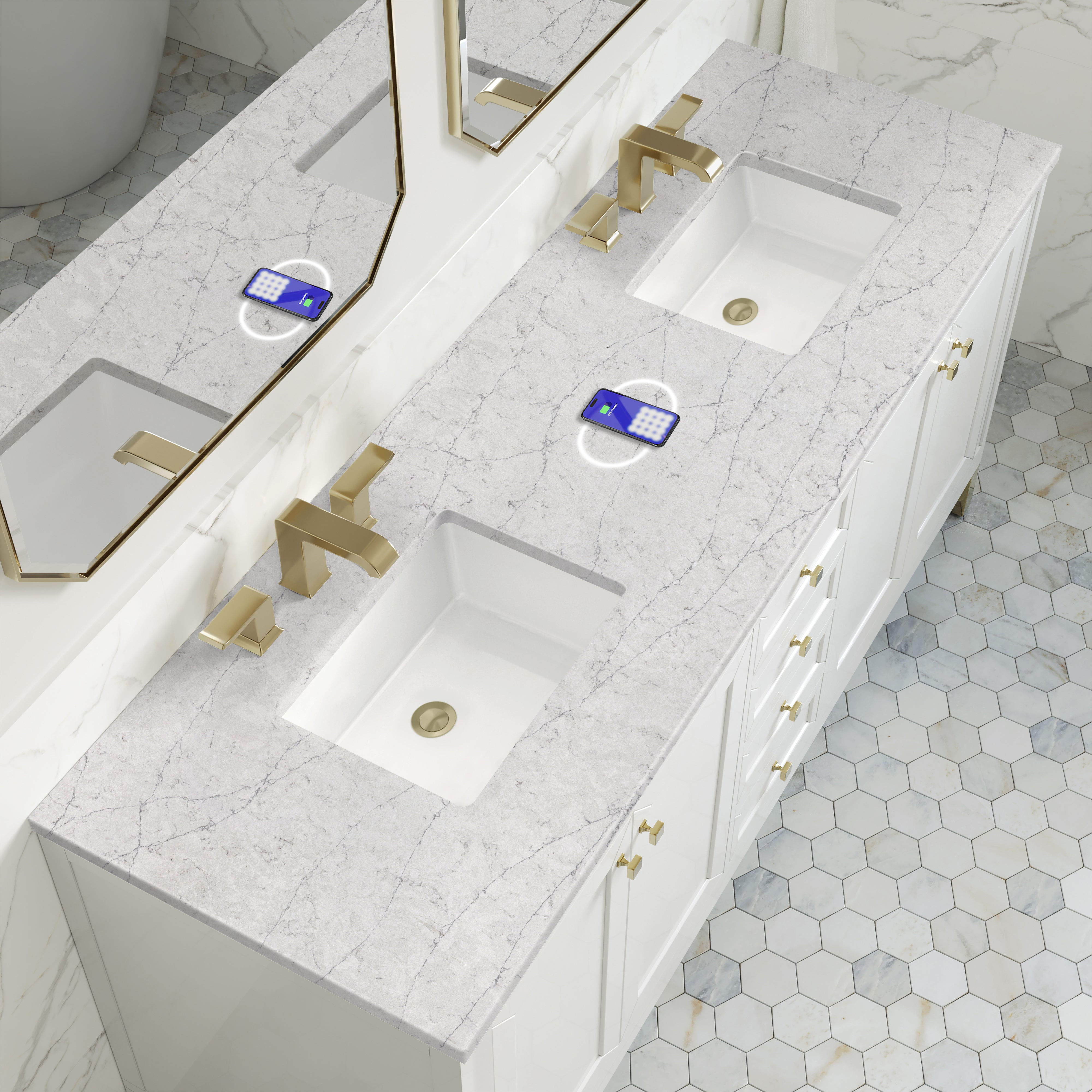 James Martin Chicago 72" Double Vanity in Glossy White with 3cm Countertop and FreePower Wireless Charger