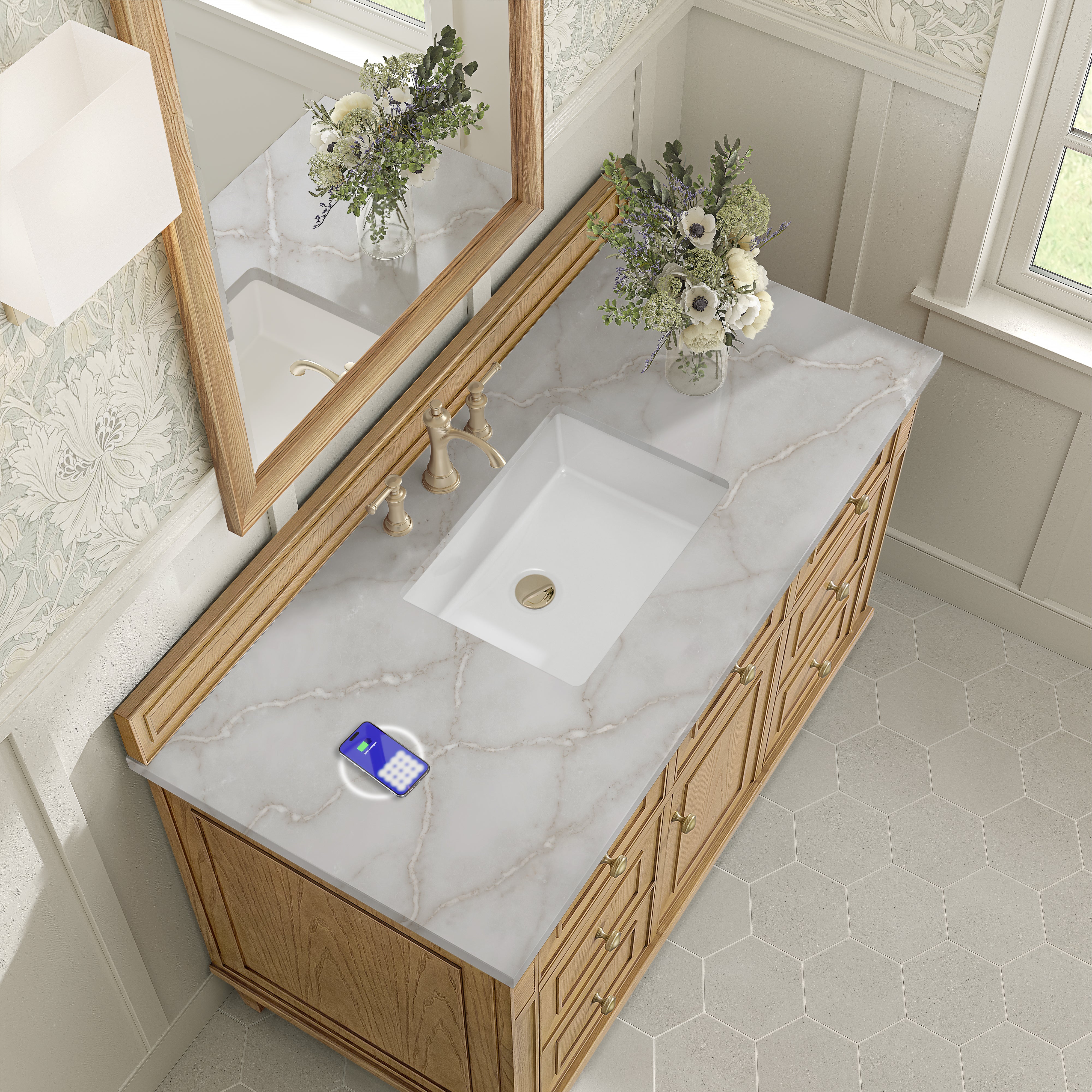 James Martin Lorelai 48" Single Vanity in Light Natural Oak with 3cm Countertop and FreePower Wireless Charger