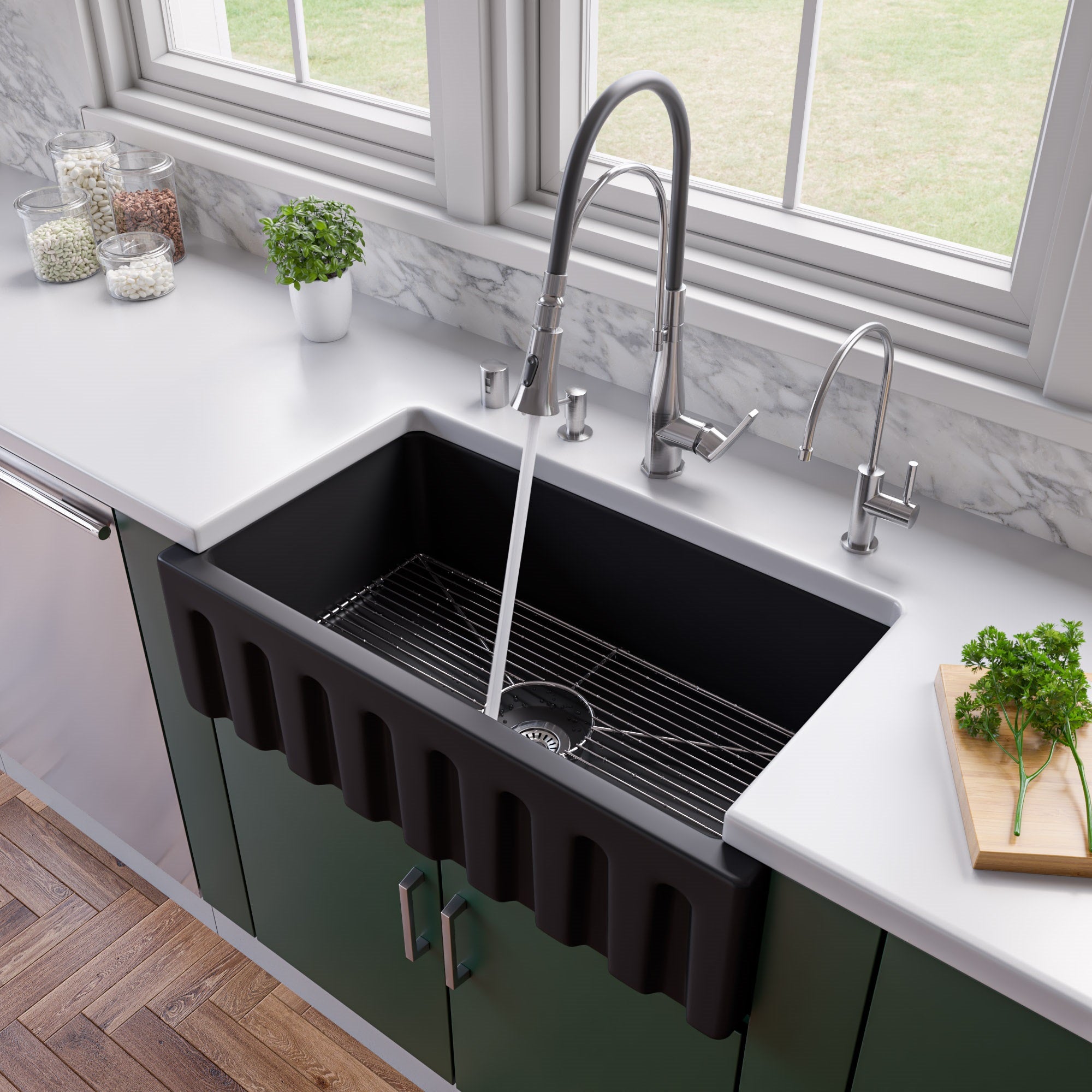ALFI brand AB3318HS 33" x 18" Reversible Fluted / Smooth Fireclay Farm Sink