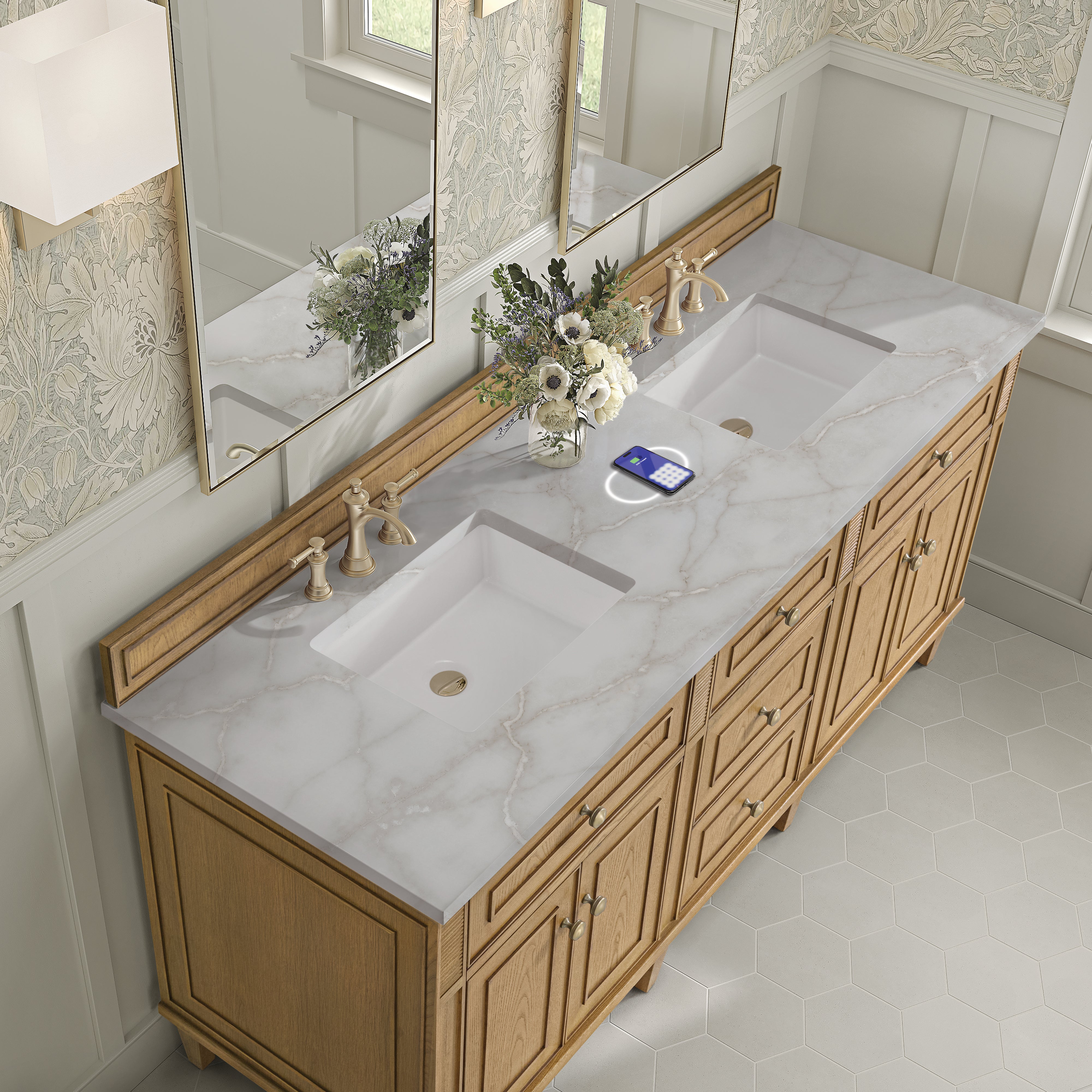 James Martin Lorelai 72" Double Vanity in Light Natural Oak with 3cm Countertop and FreePower Wireless Charger