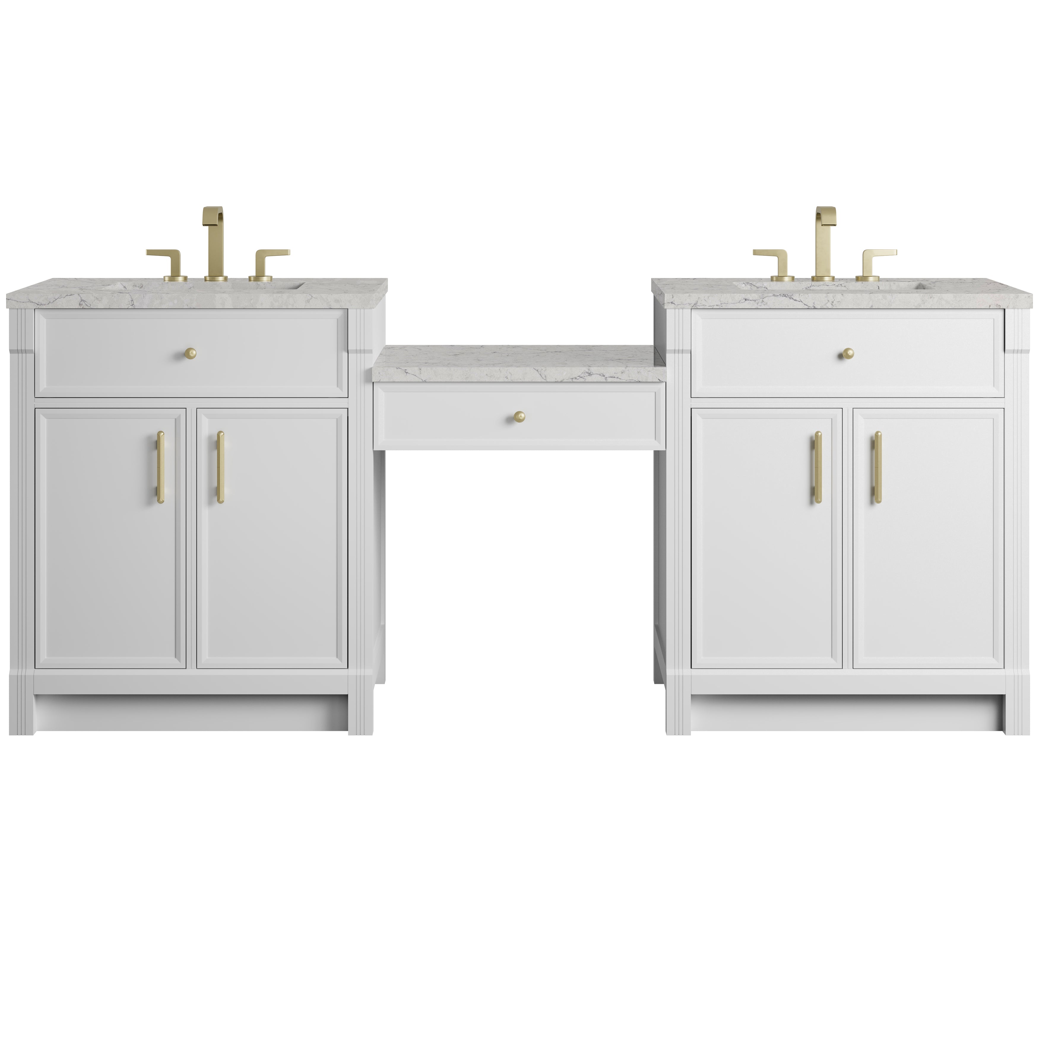 James Martin Bellshire 84" Dual Vanity Set with 24" Make-Up Counter in Bright White with 3cm Countertop
