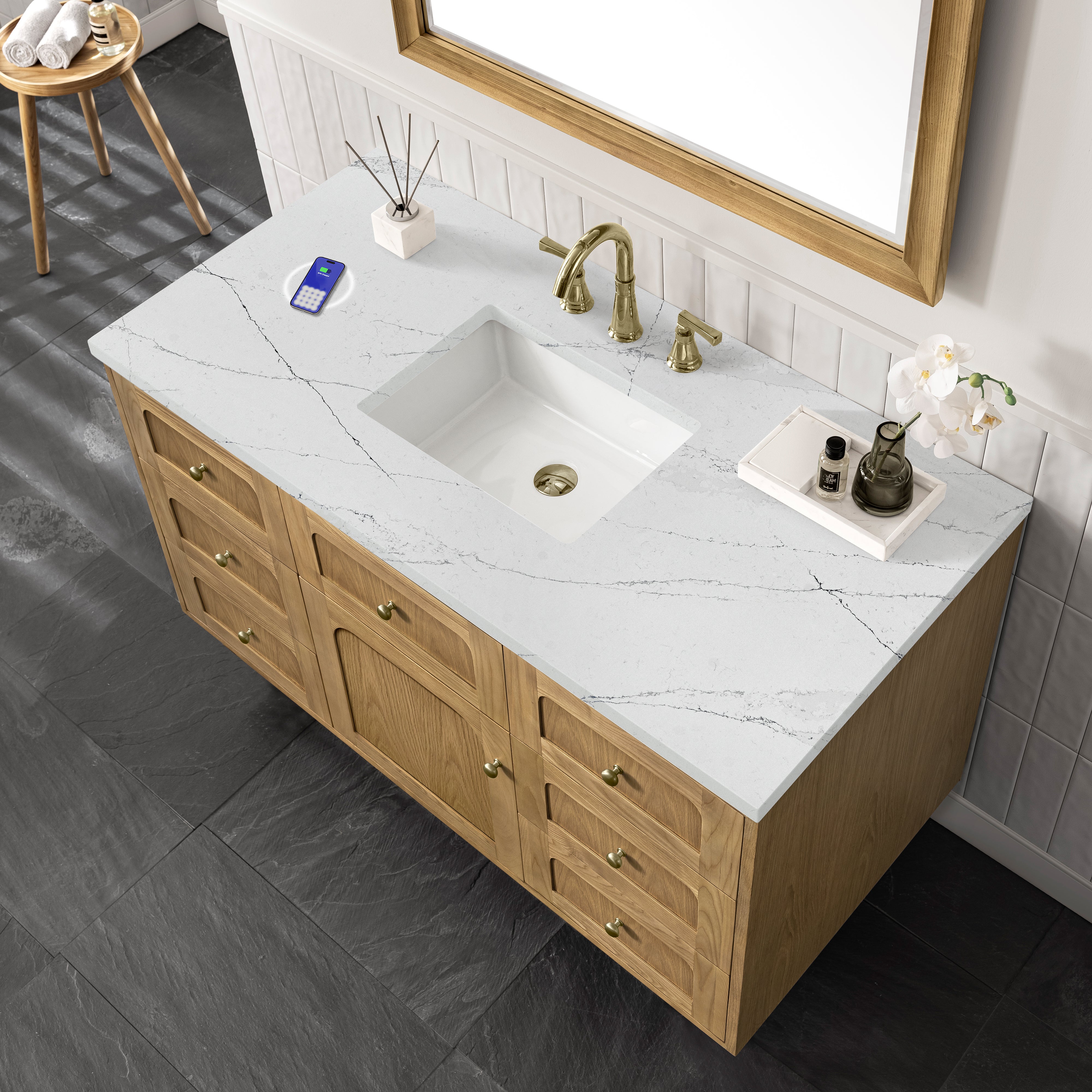 James Martin Laurent 48" Single Vanity in Light Natural Oak with 3cm Countertop and FreePower Wireless Charger