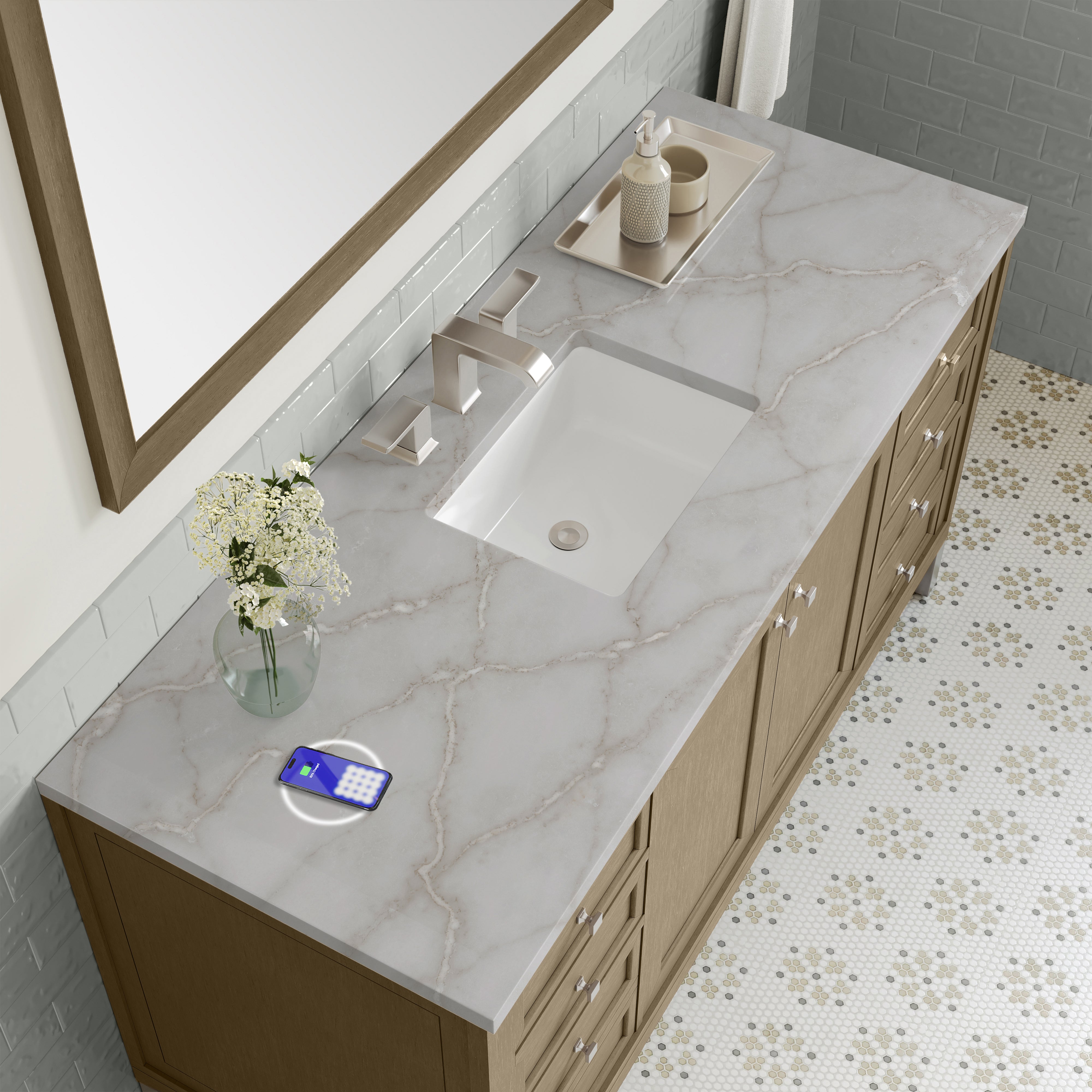 James Martin Chicago 60" Single Vanity in Walnut Whisper with 3cm Countertop and FreePower Wireless Charger