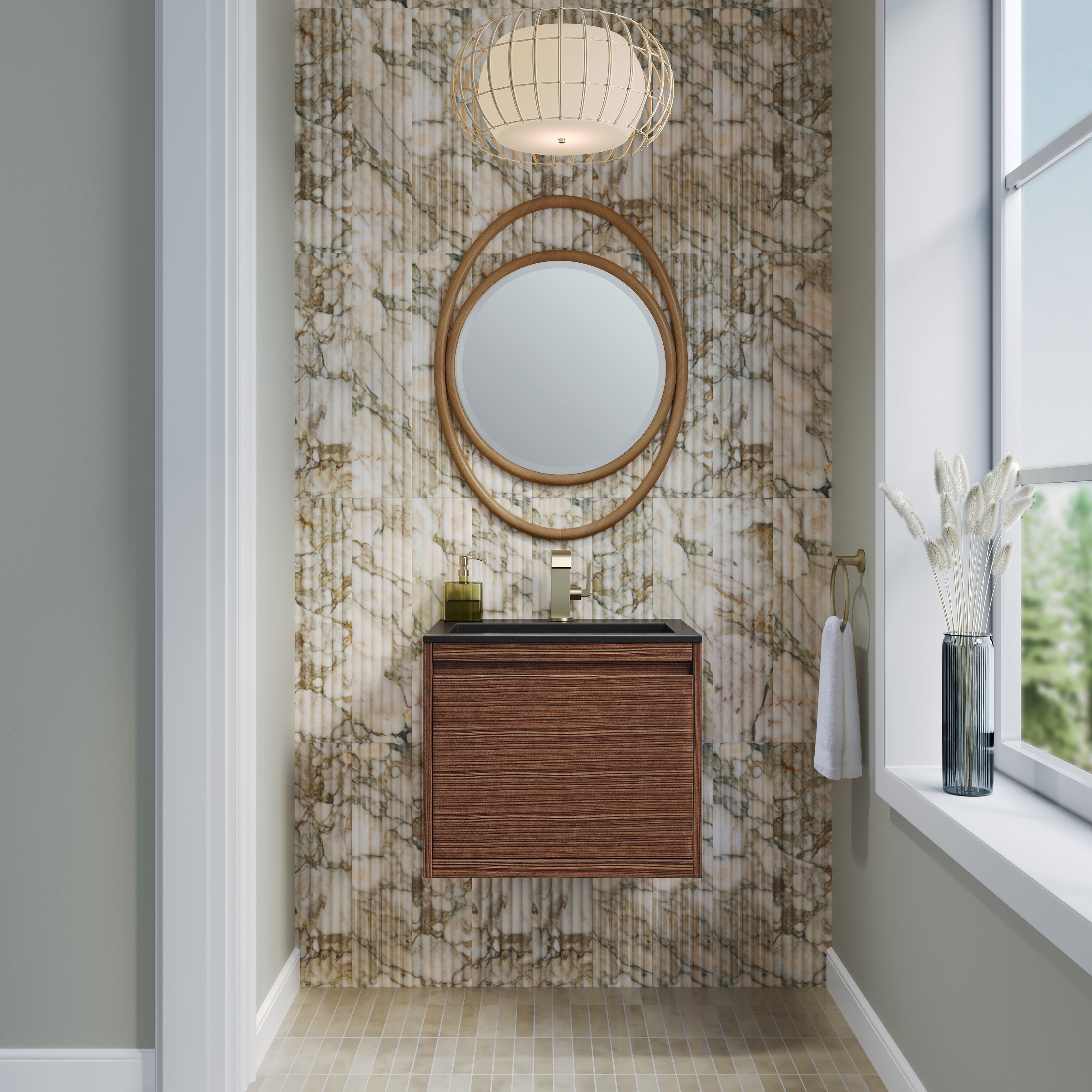 James Martin Mantova 23.6" Single Vanity, Mid-Century Walnut, Champagne Brass Base with Charcoal Black Composite Stone Top