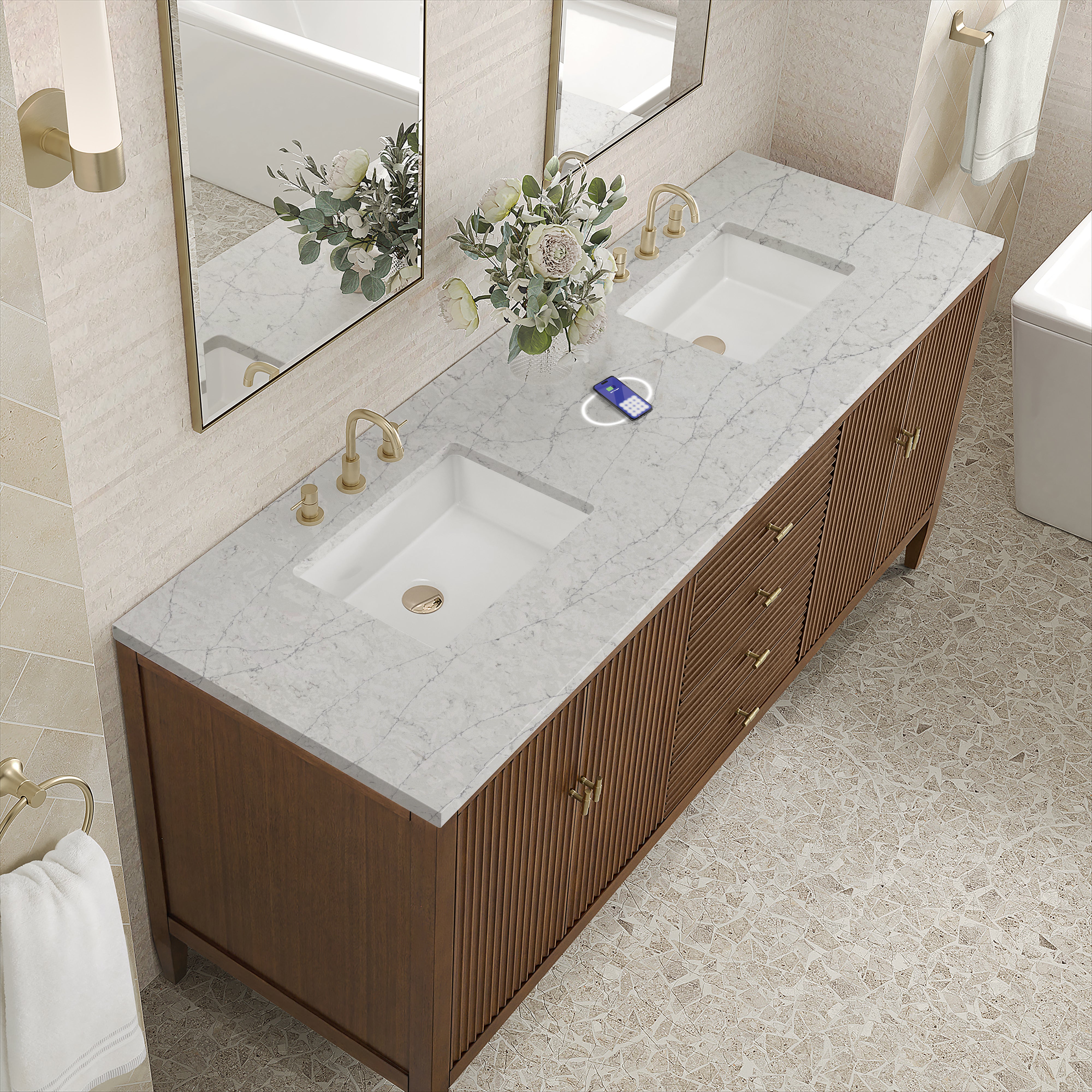 James Martin Myrrin 72" Double Vanity in Mid Century Walnut with 3cm Countertop and FreePower Wireless Charger