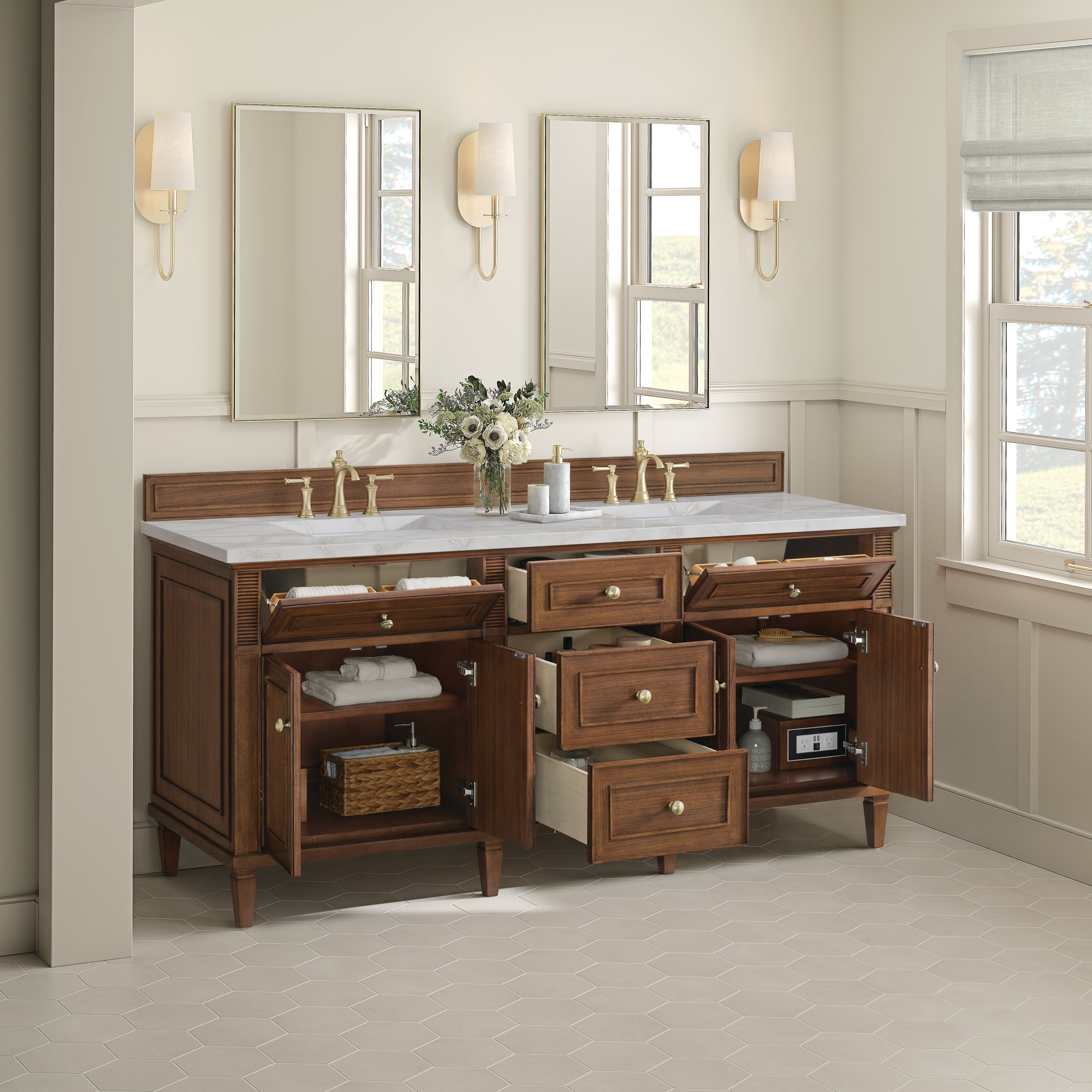 James Martin Lorelai 72"Double Vanity in Mid-Century Walnut with 3cm Countertop