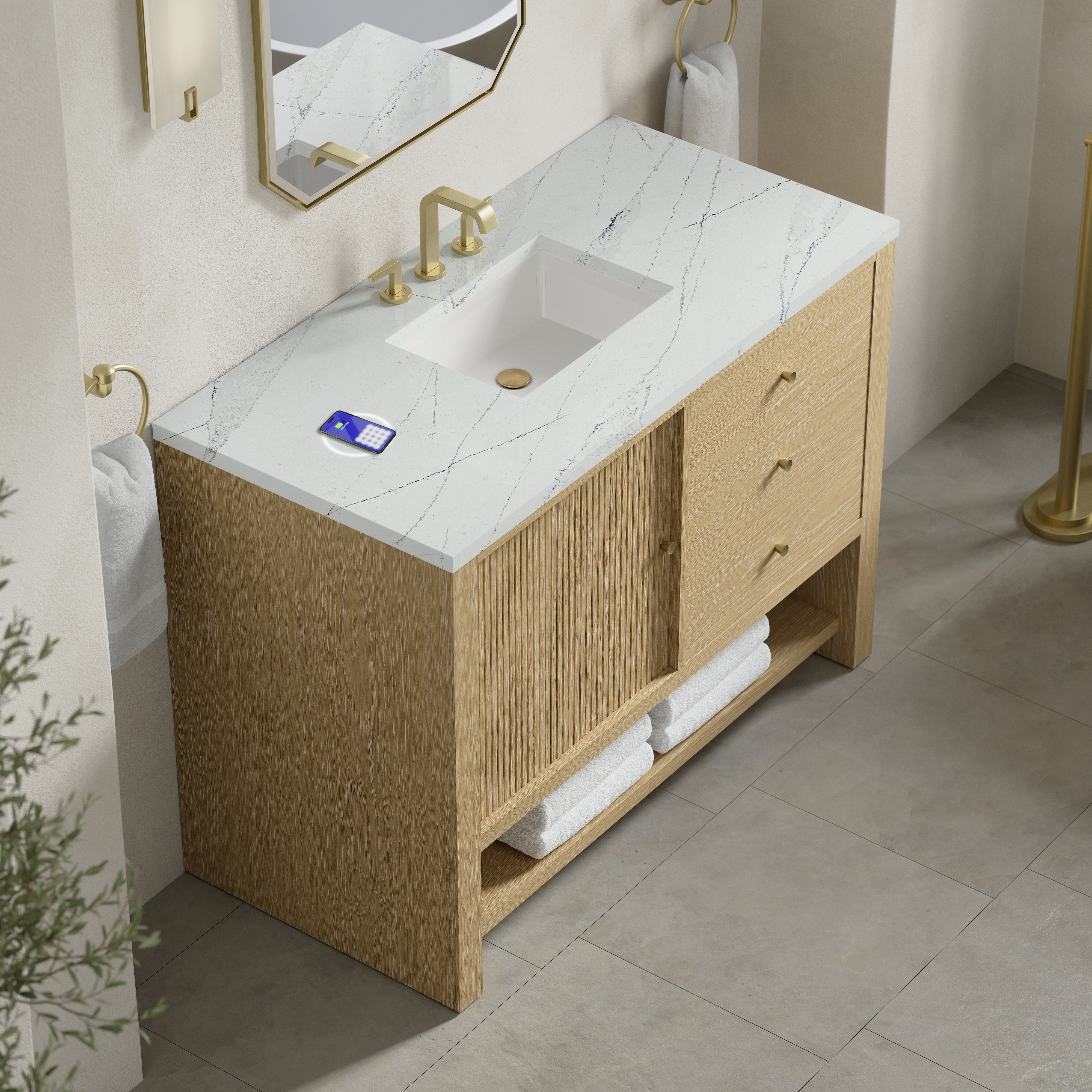 James Martin Marigot 48" Single Vanity in Sunwashed Oak with 3cm Countertop and FreePower Wireless Charger