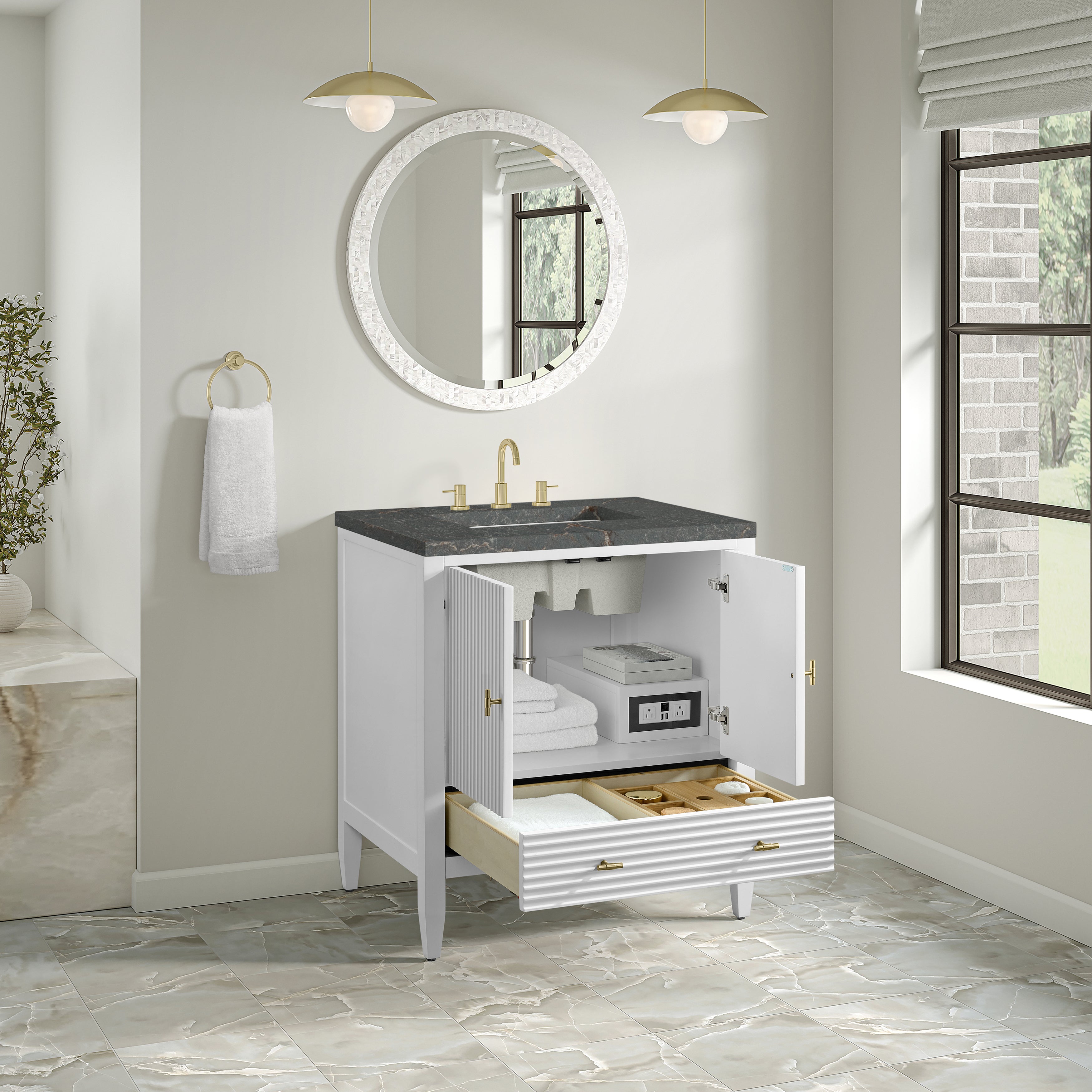 James Martin Myrrin 30" Single Vanity in Bright White with 3cm Countertop