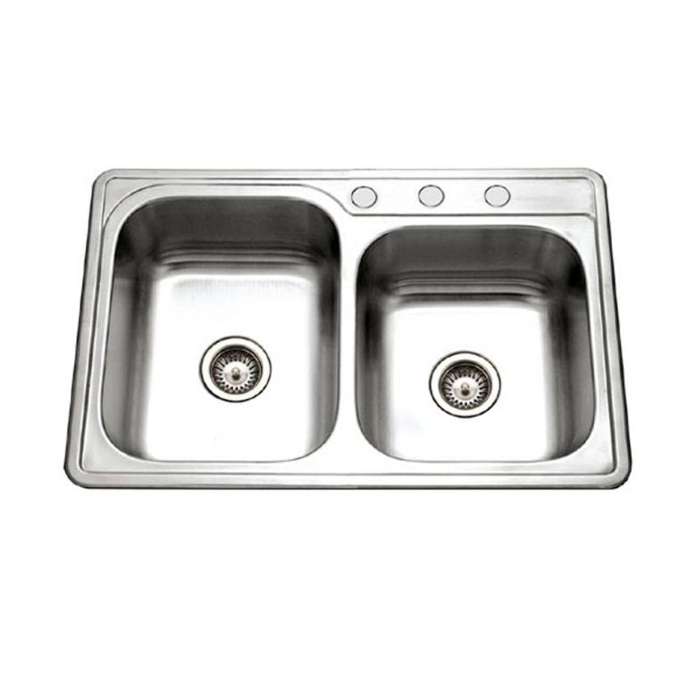 Houzer Glowtone 33 inch Stainless Steel Drop-in Topmount 3-hole 60/40 Double Bowl Kitchen Sink - ISL-3322BS3