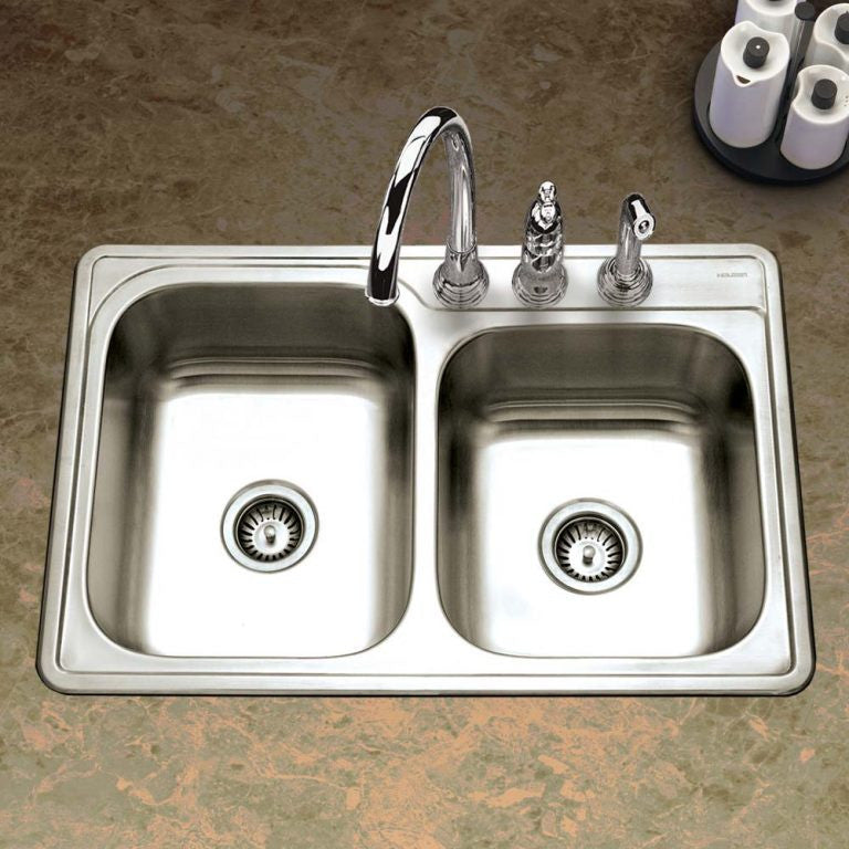 Houzer Glowtone 33 inch Stainless Steel Drop-in Topmount 3-hole 60/40 Double Bowl Kitchen Sink - ISL-3322BS3