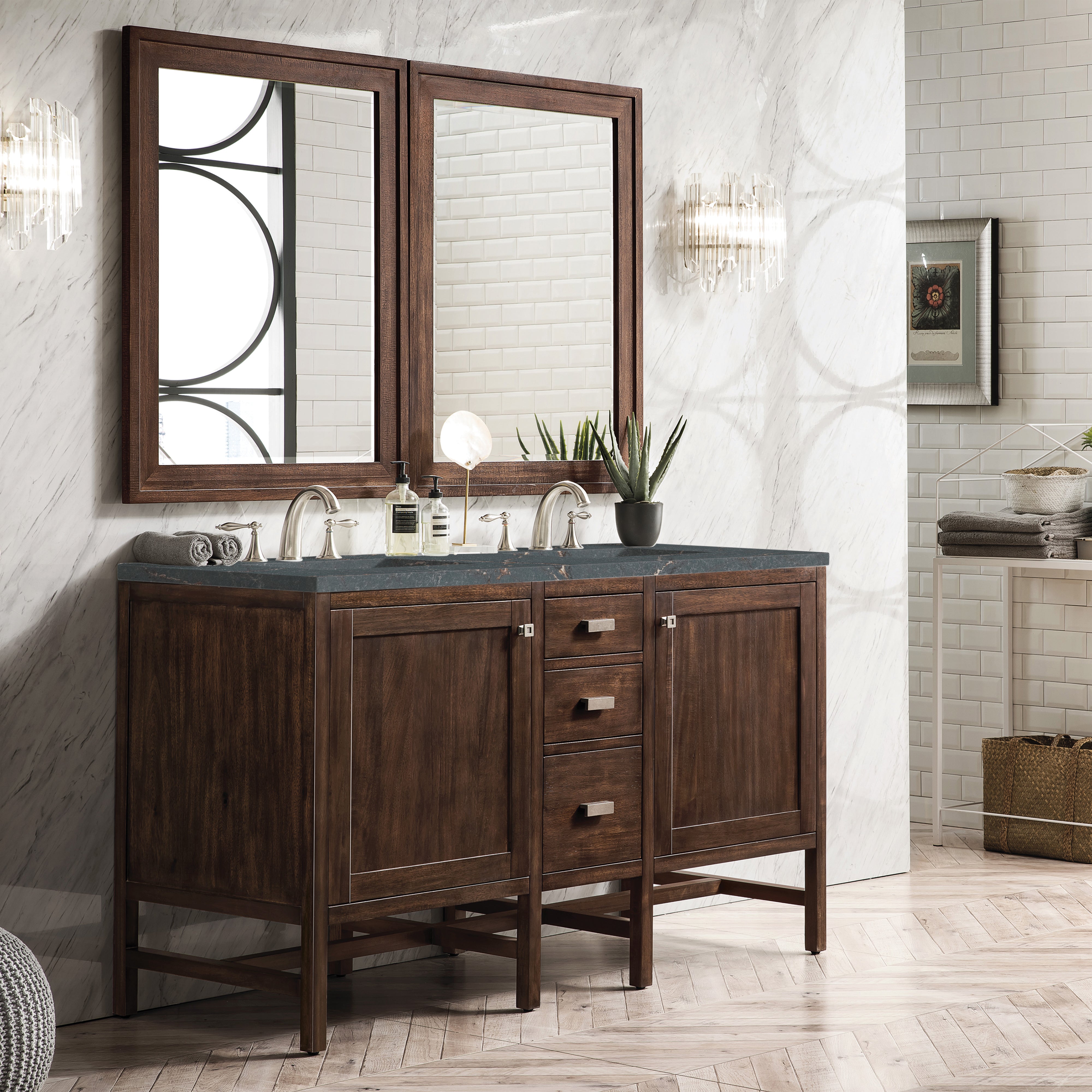 James Martin Addison 60" Double Vanity in Mid-Century Acacia with 3cm Countertop